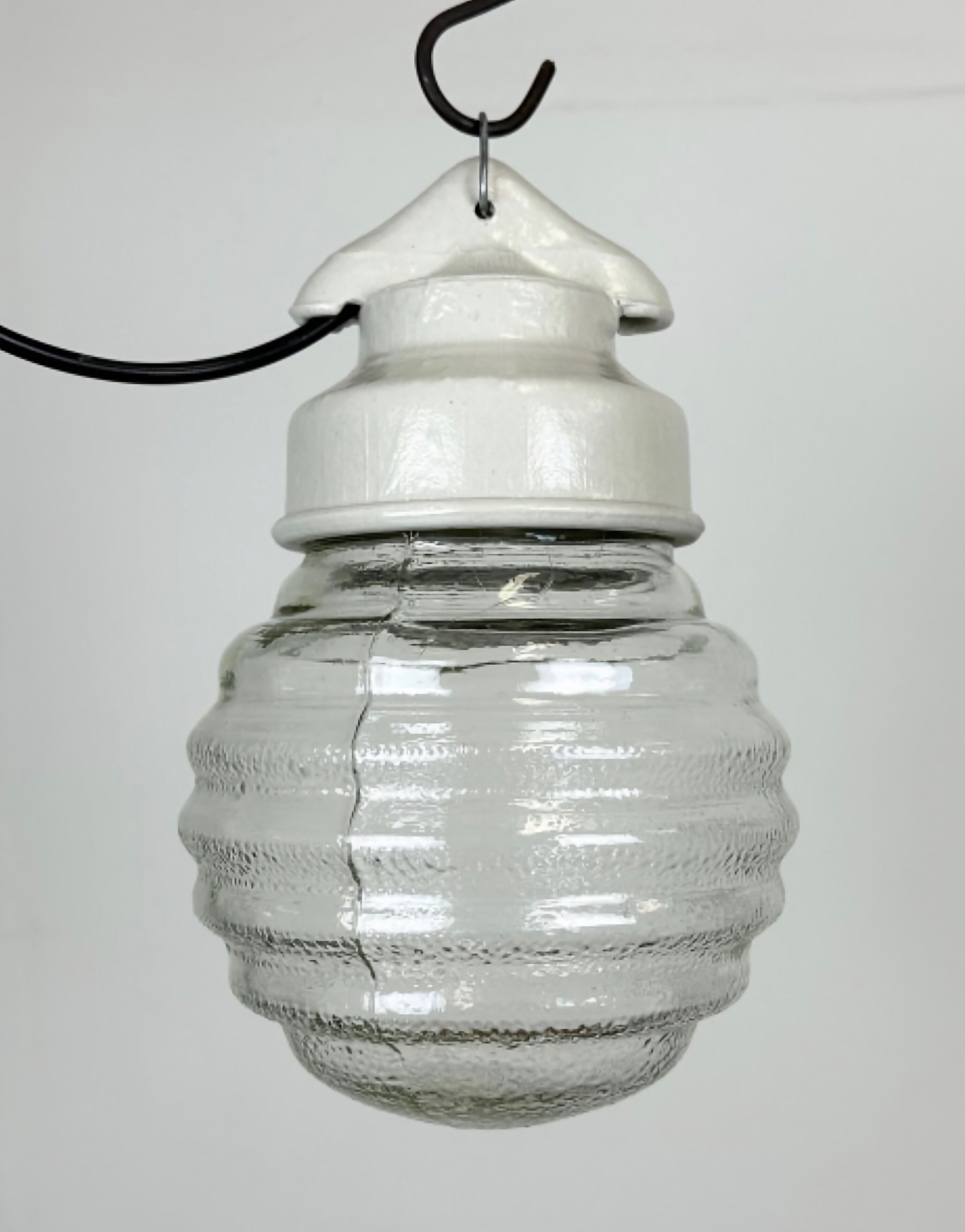 Industrial white porcelain pendant light with ribbed glass, 1970s