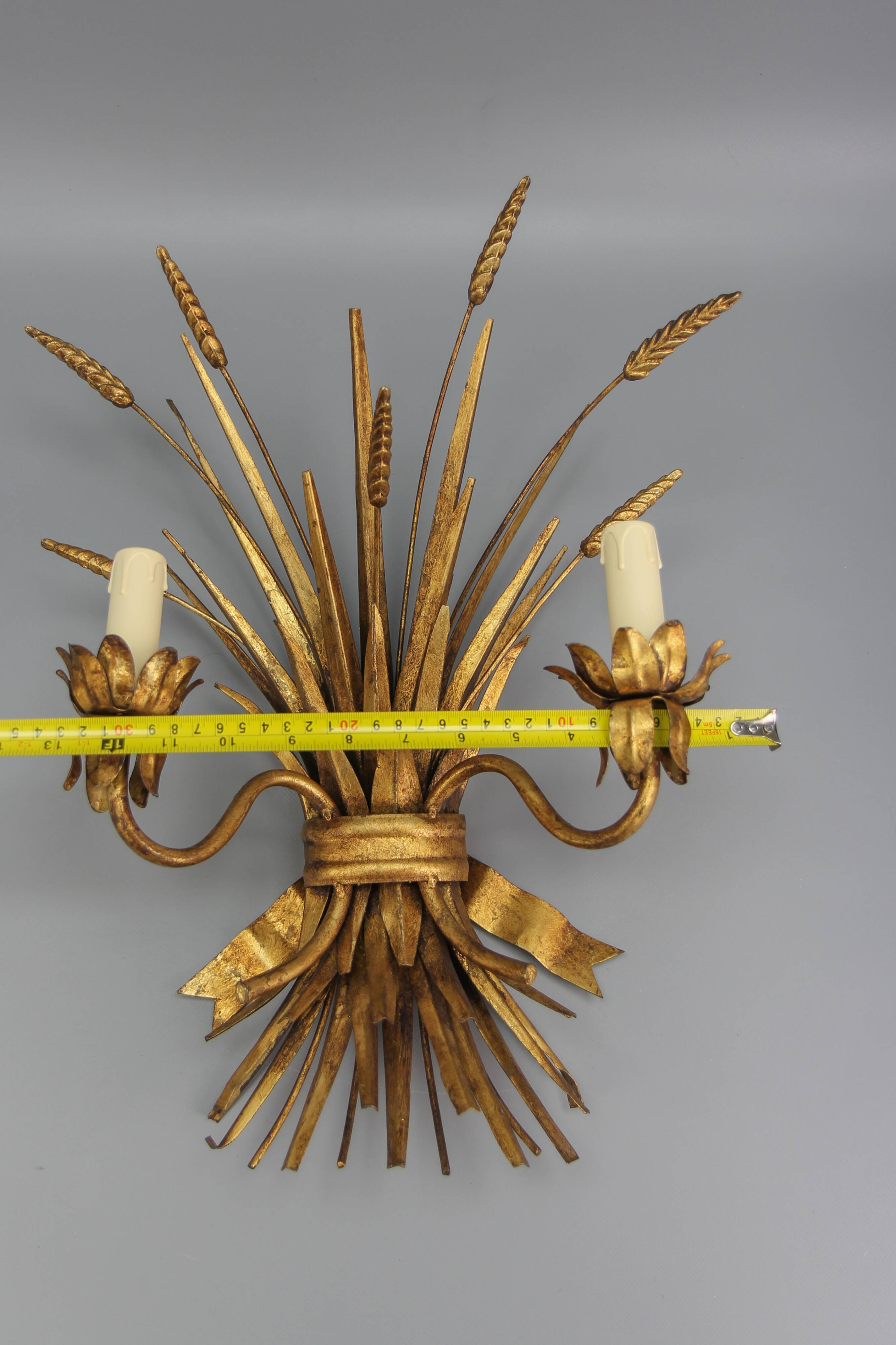 Gilt metal wheat sheaf two-light wall sconce