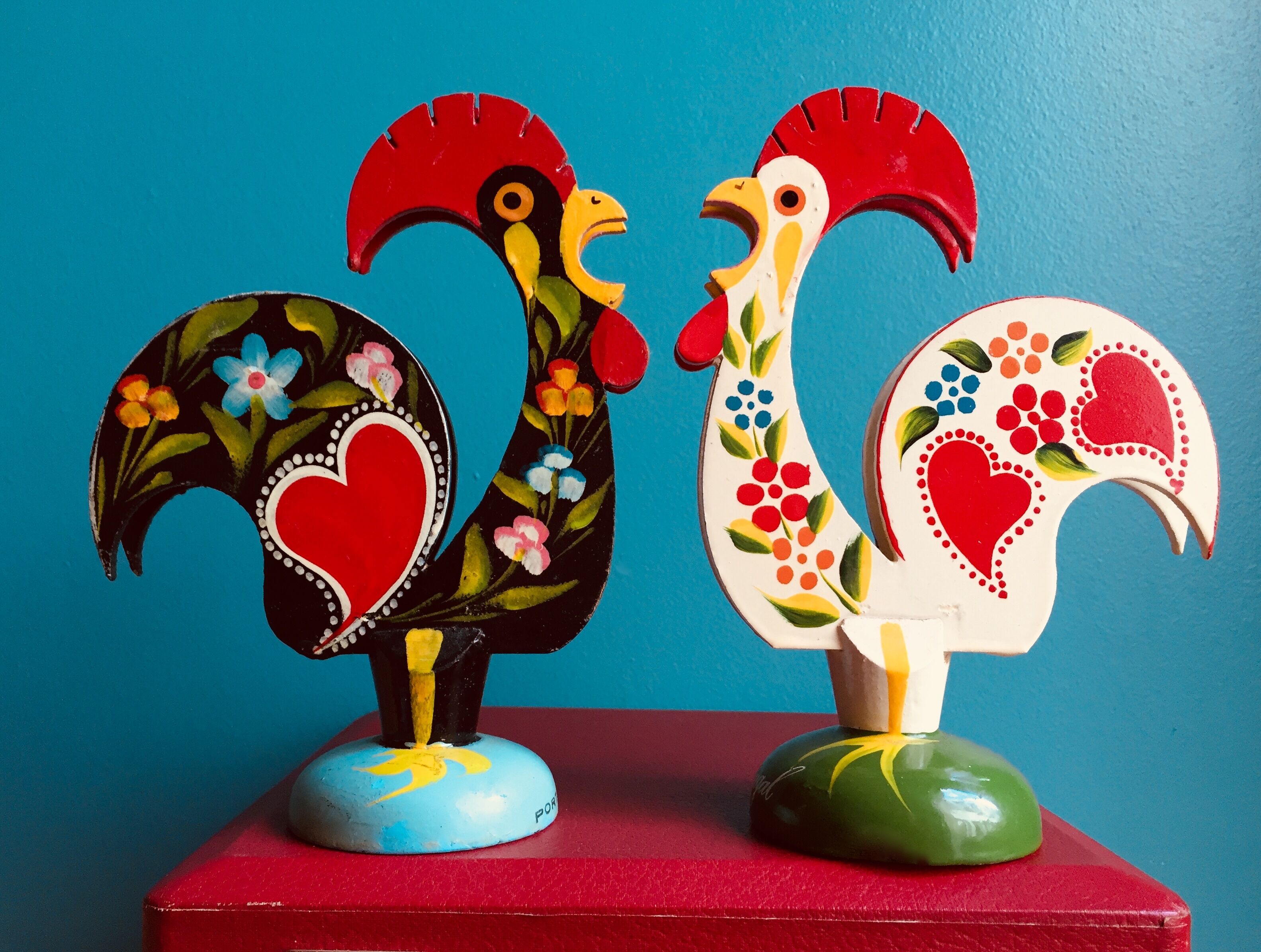 Retro wooden roosters vintage red green black and white Portugal