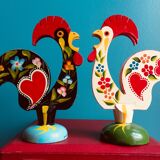 Retro wooden roosters vintage red green black and white Portugal