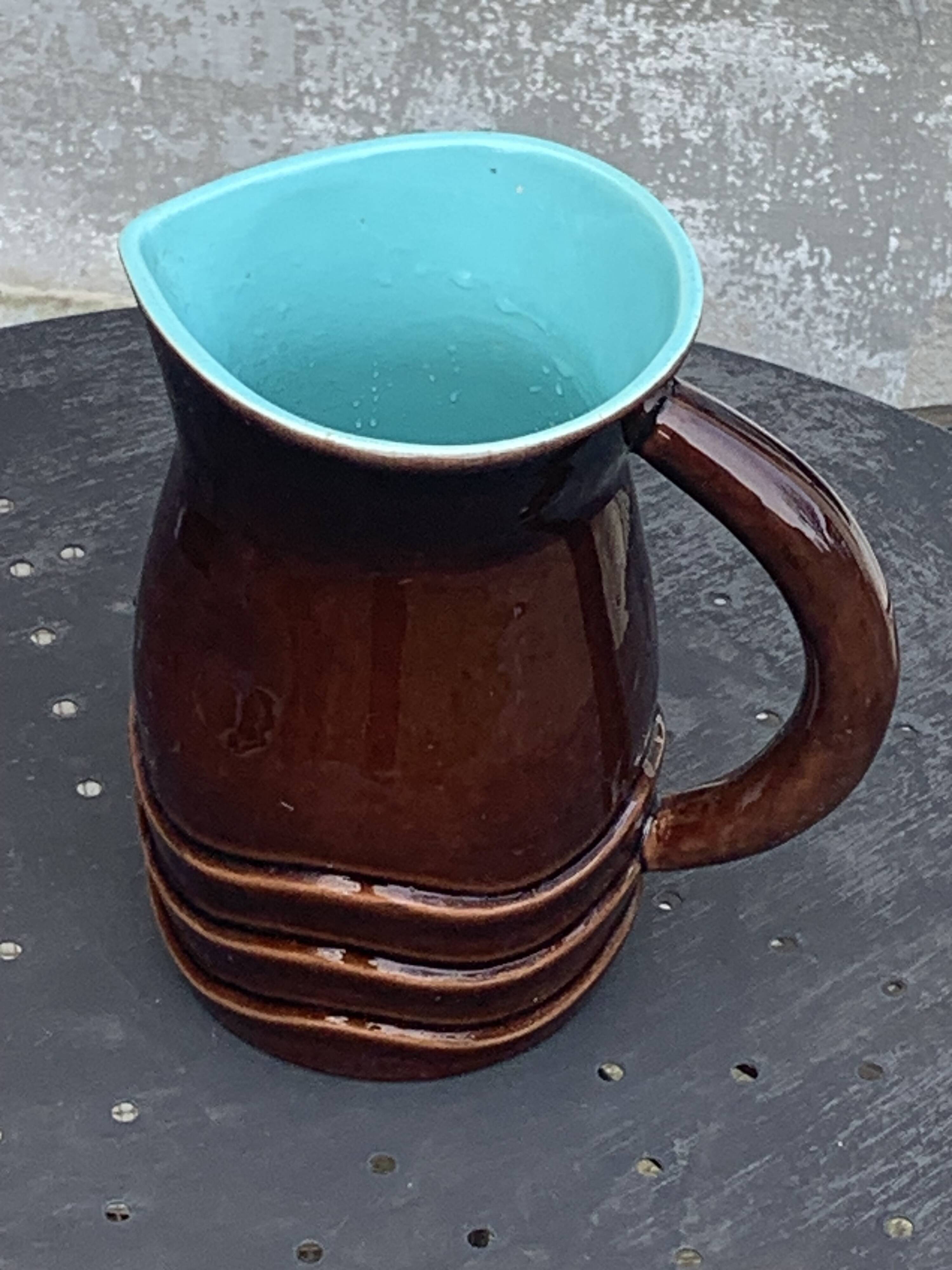 Jug, pitcher, pl france, poet laval, undulate, vintage 1950 in enameled ceramic, brown, turquoise