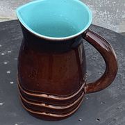 Jug, pitcher, pl france, poet laval, undulate, vintage 1950 in enameled ceramic, brown, turquoise