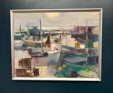 Large Original Swedish Oil on Canvas – “Port” by Finn Hillerup – Signed – Vintage & Framed