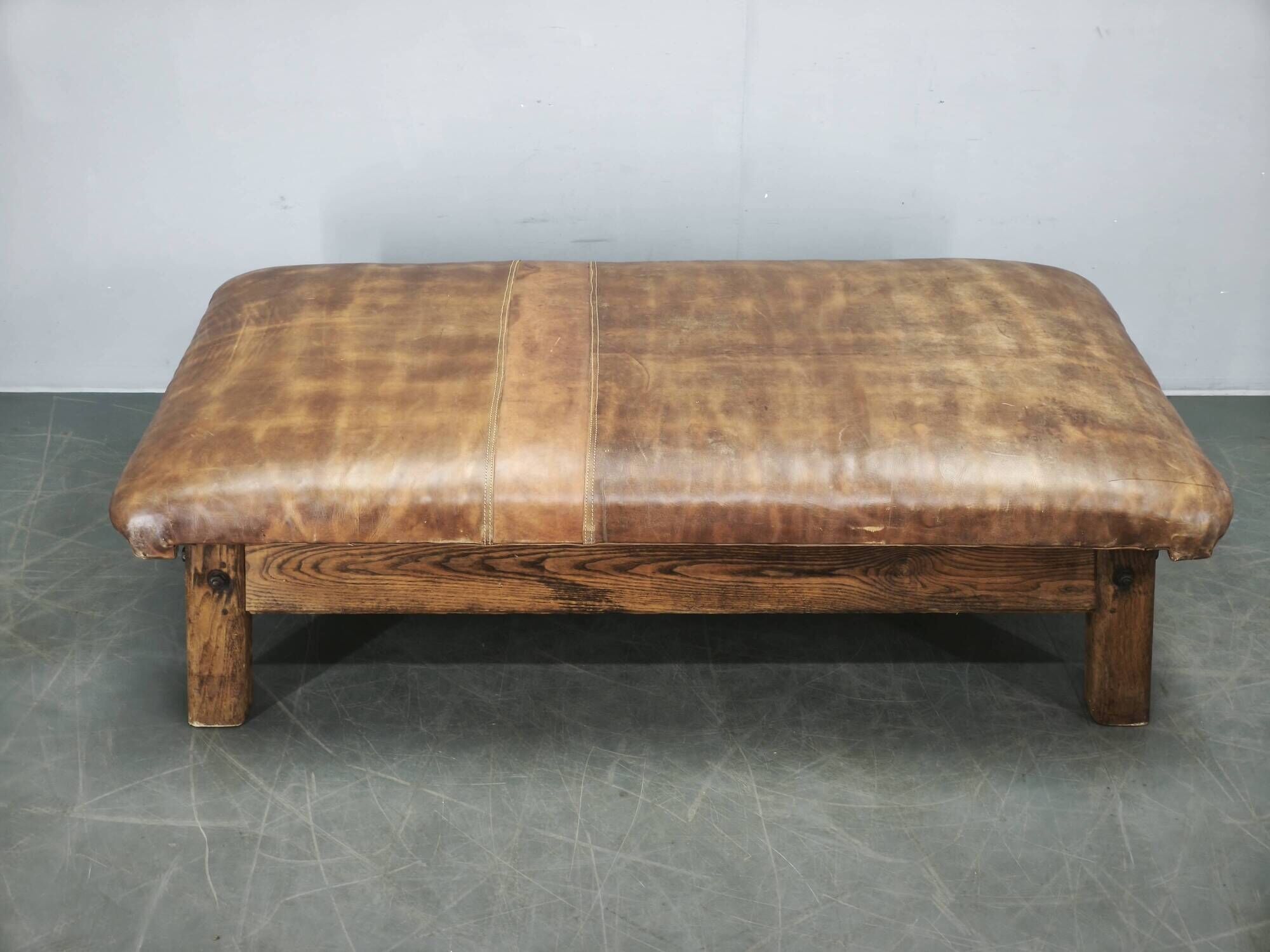 1940s Czechoslovak Oak and Patinated Leather Gym Bench
