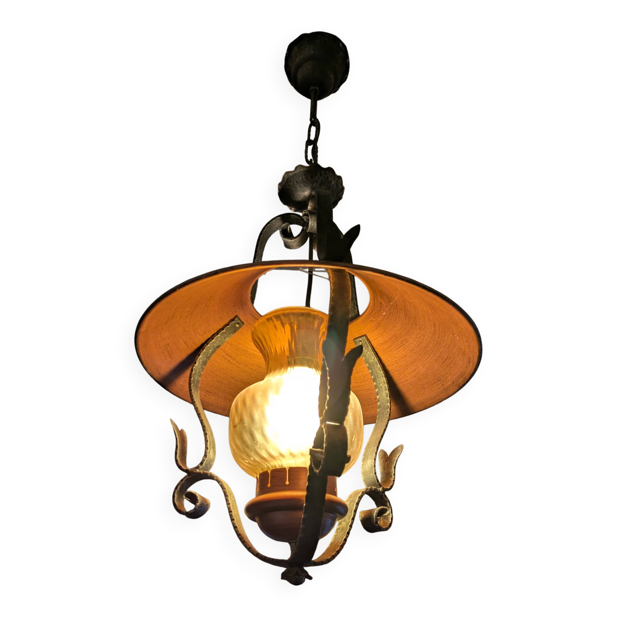 Vintage suspension in copper, wrought iron and glass