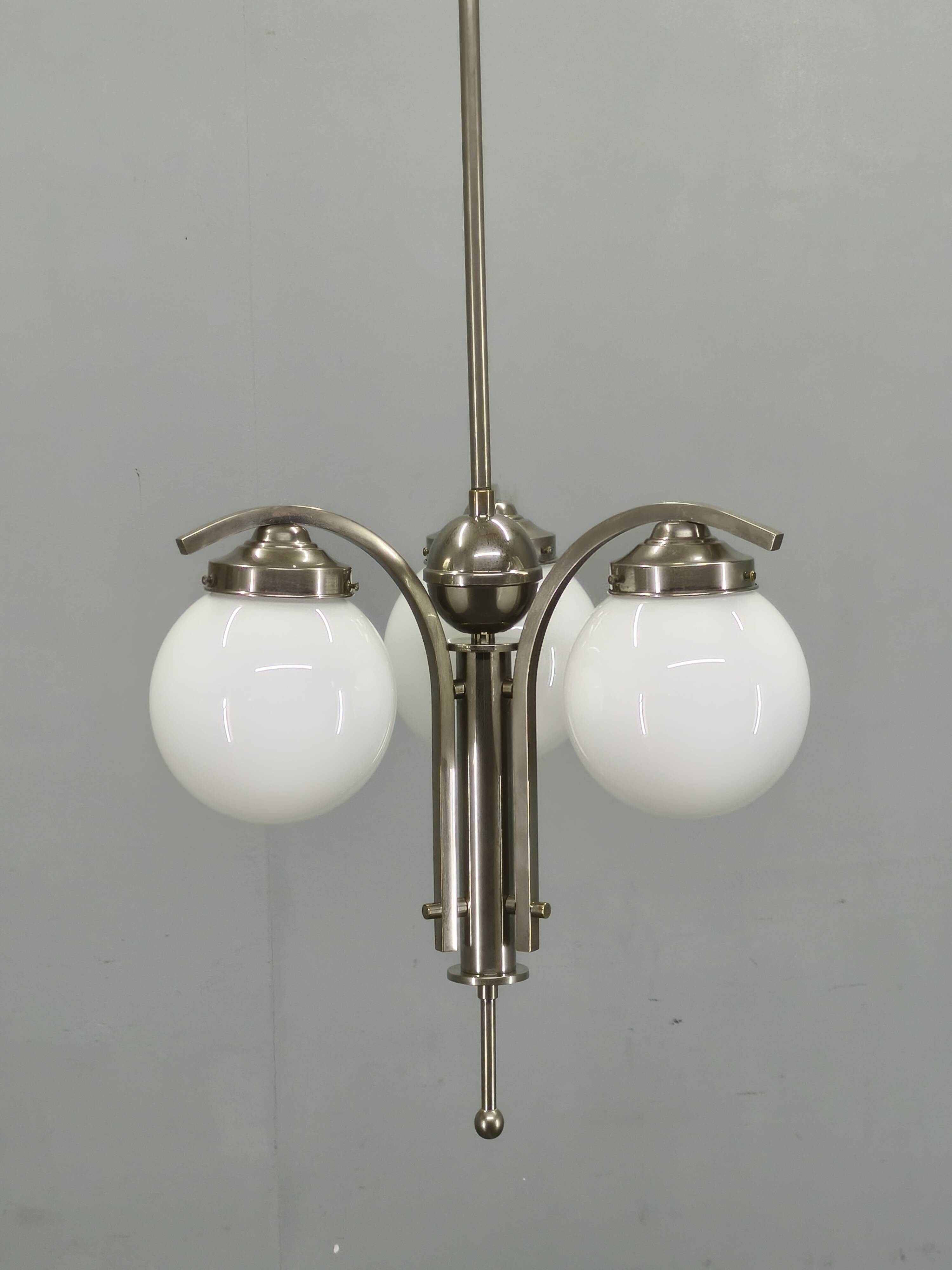 1930s Art Deco Nickel Chandelier With Opaline Glass Globes