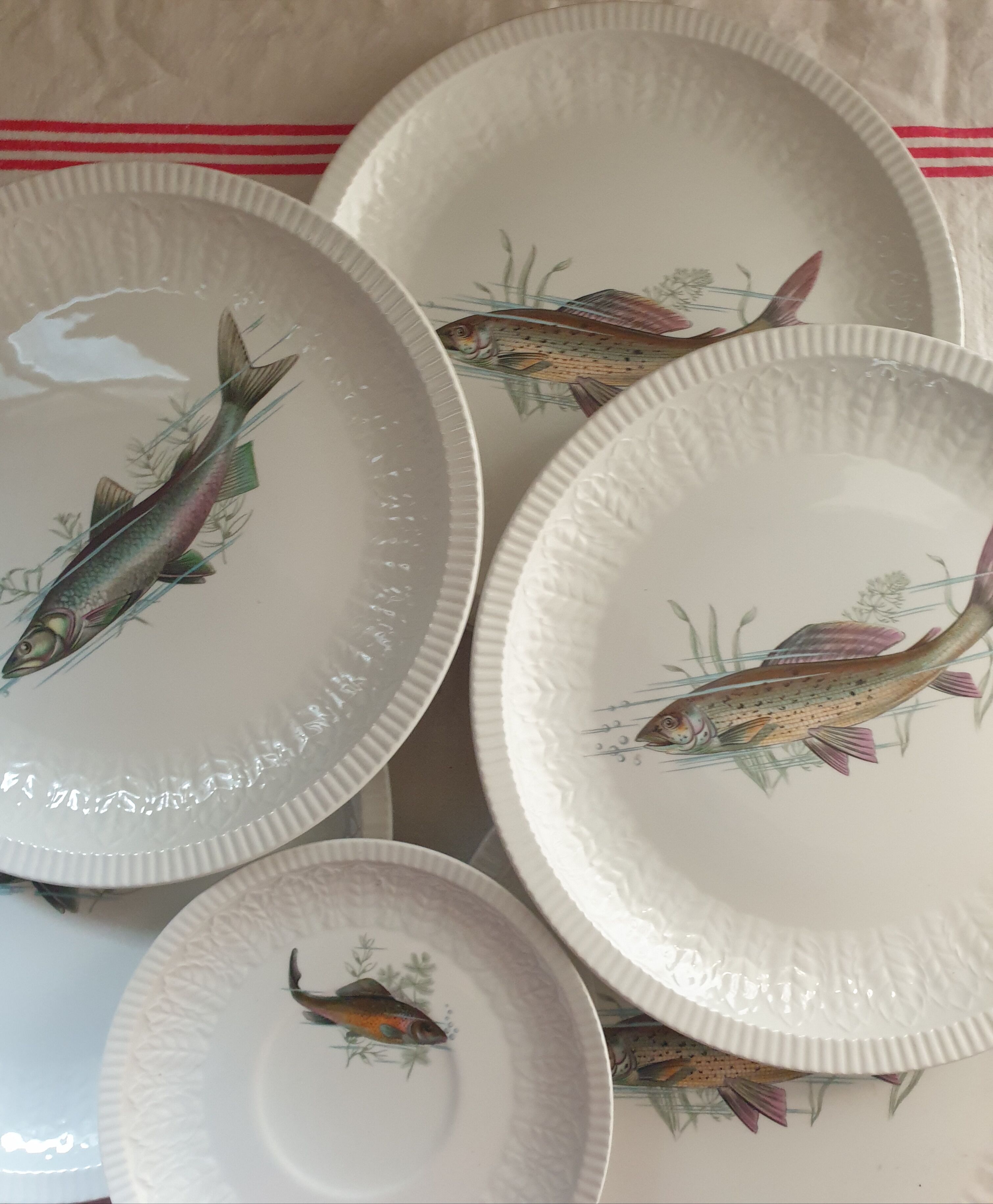 Fish set, 6 plates, sauce pot and saucer