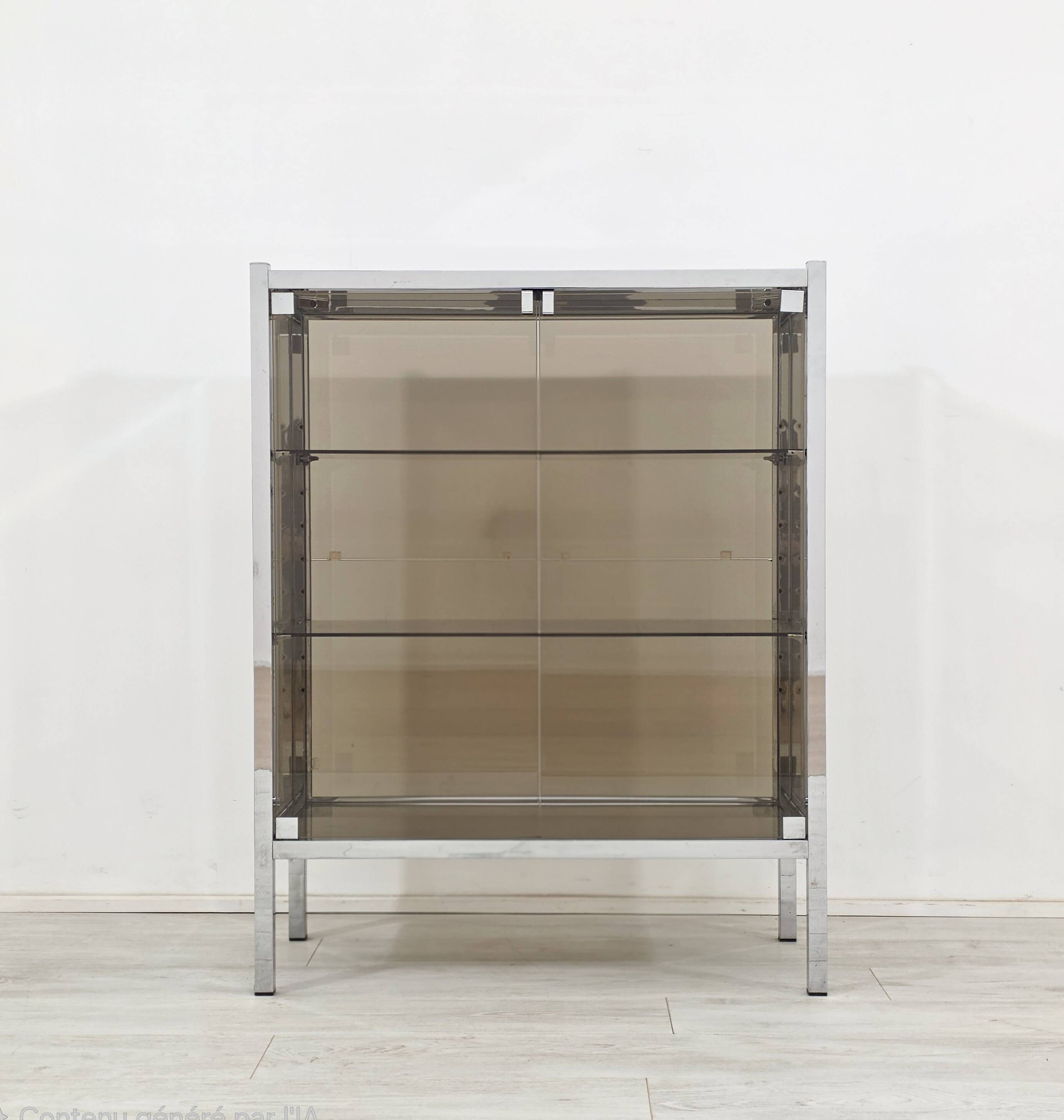 Chrome metal display cabinet with smoked glass – modernist design, 1920s.