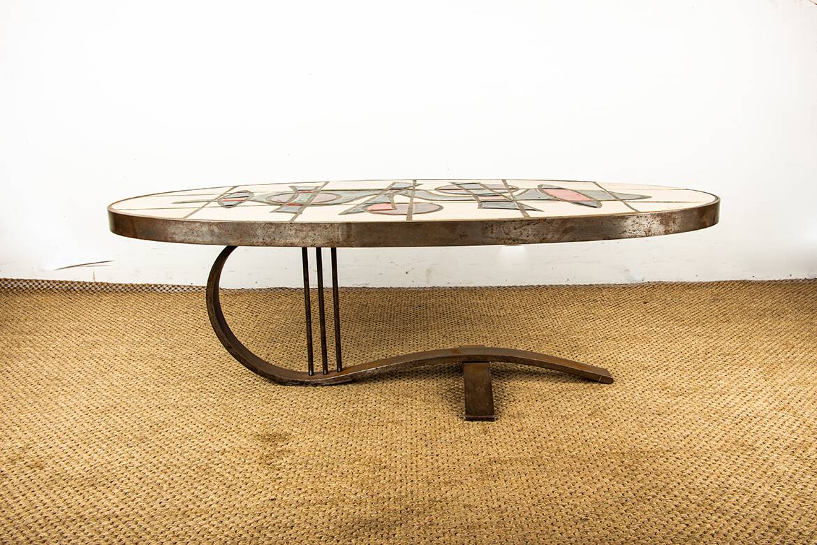 Table basse Française, Acier Chromé et Céramique par Barrois Vallauris 1960