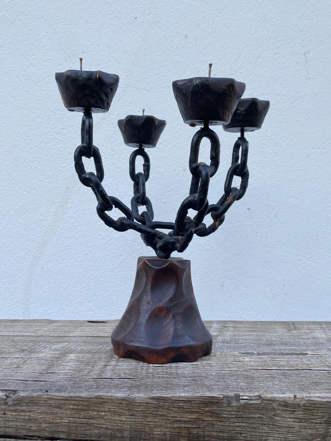 Brutalist iron and wood chain candle holder from the 1970s