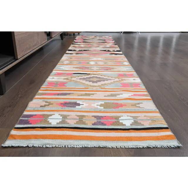 Vintage Turkish Oushak Handmade Wool Cotton Pink Runner Rug 69x333