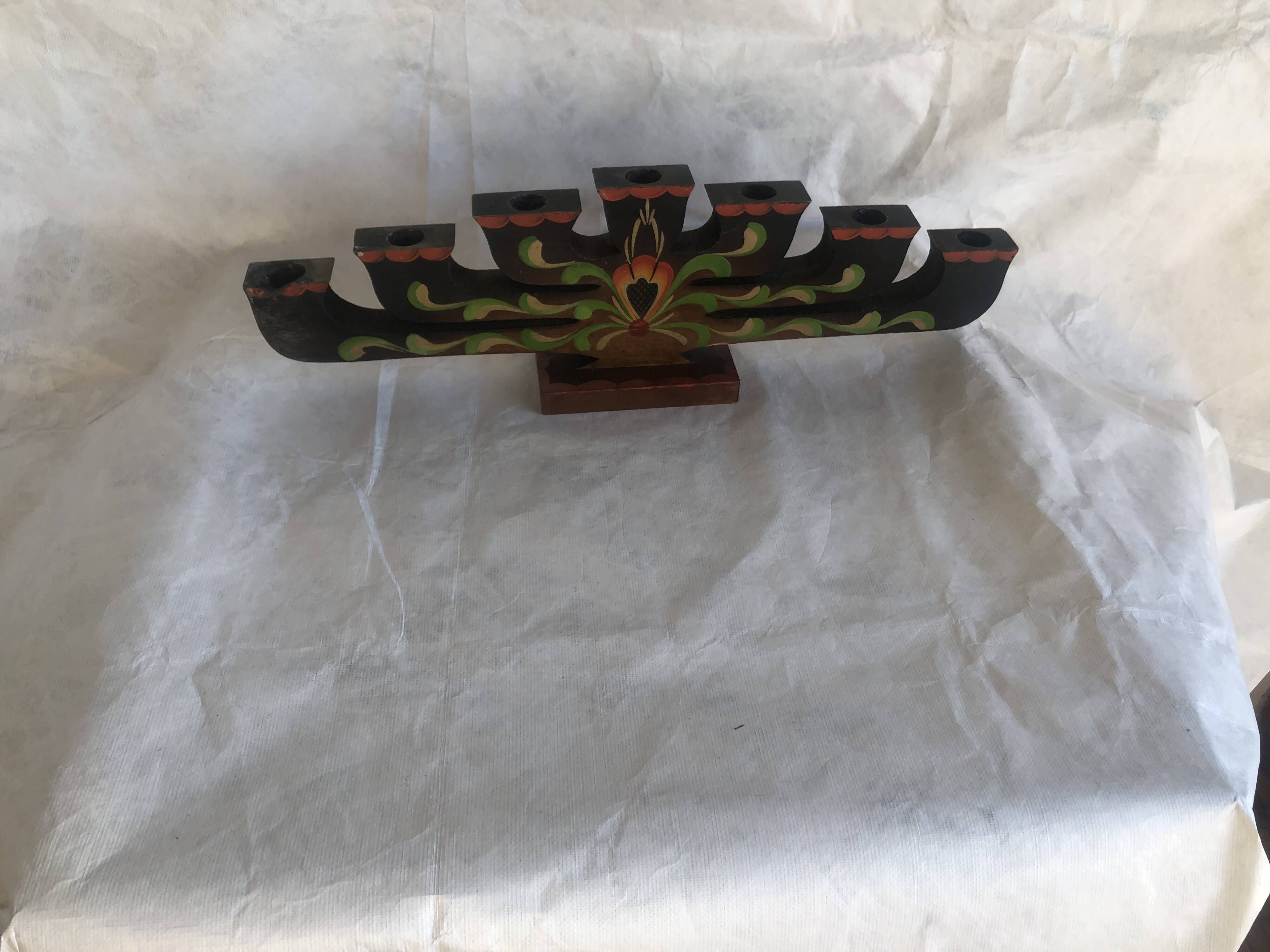Scandinavian handcrafted painted wooden candlestick