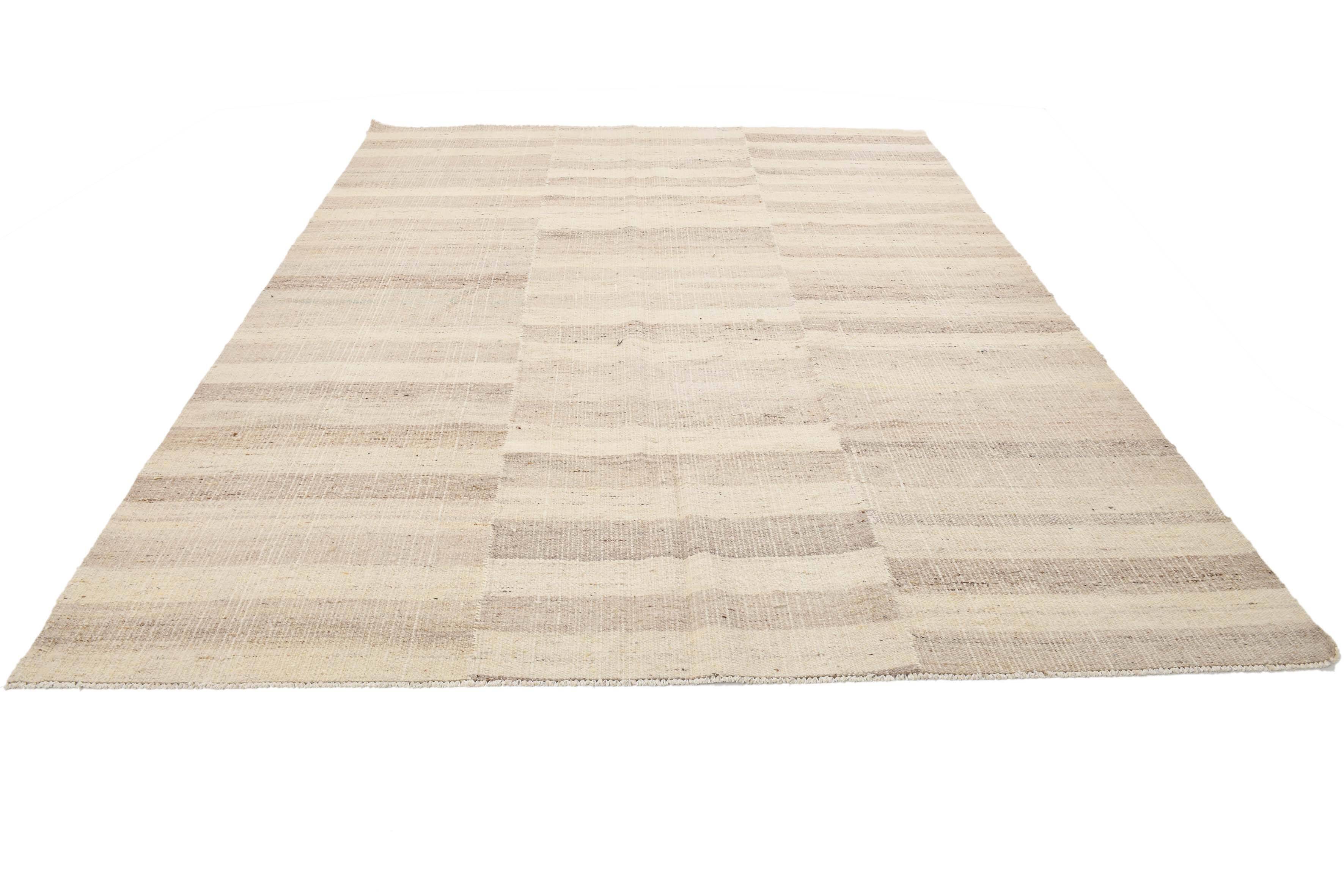 Striped Pattern Brown & Cream Vintage Kilim Rug, 220x300Cm