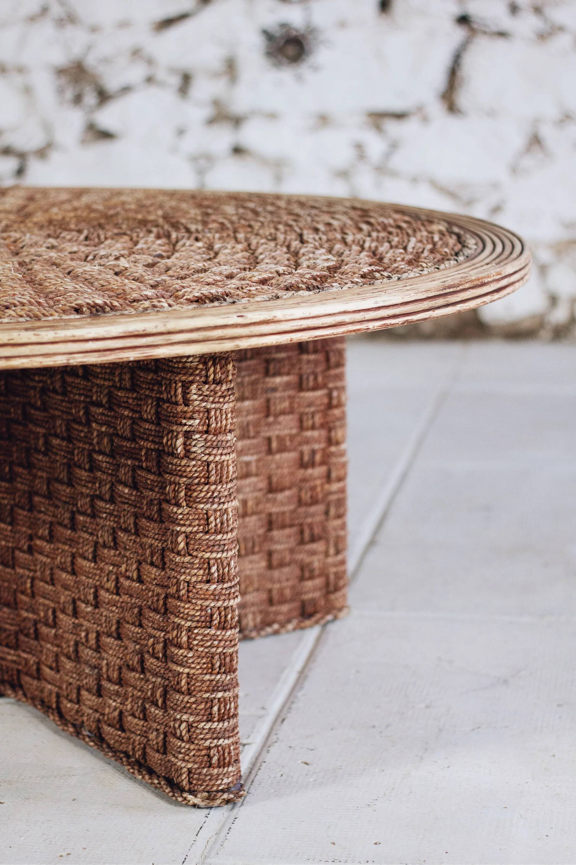 Round coffee table in braided cord and rattan, 1970.
