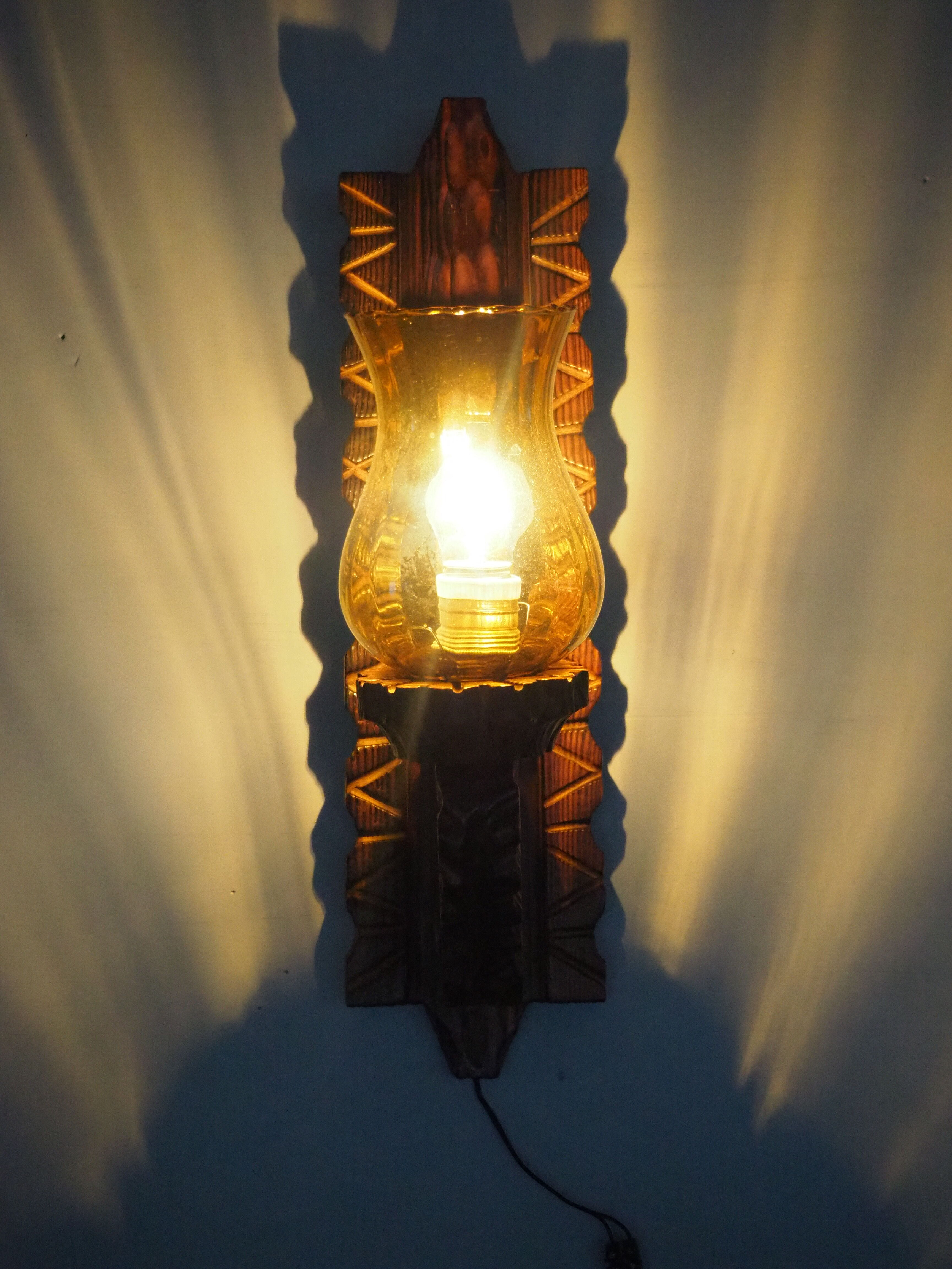 Wall sconce wooden and yellow glass tulip globe