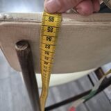 vintage chair wooden frame compass foot with metal on the front backrest and ecru leather seat