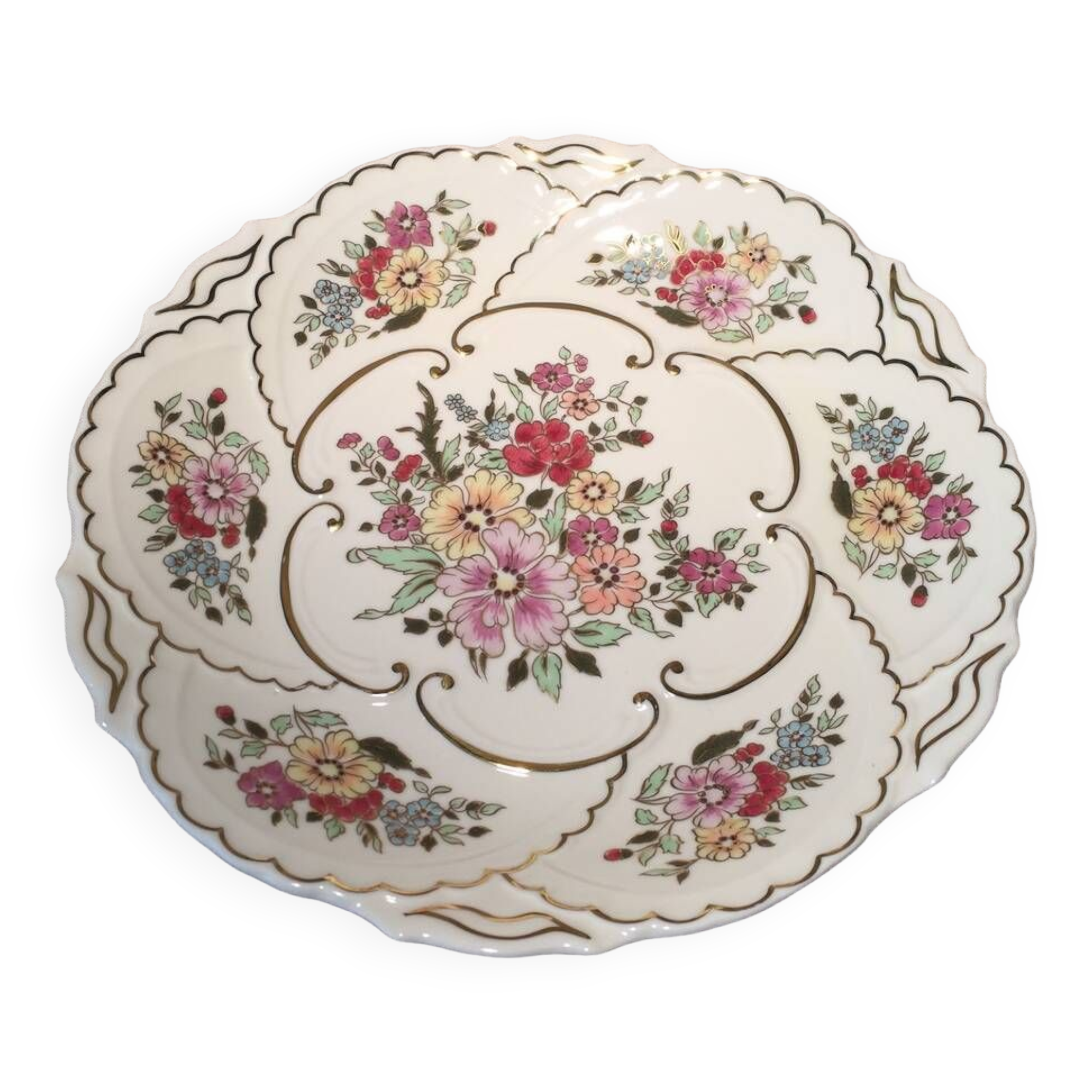 Plat a tarte ou plat decoratif porcelaine a decor floral