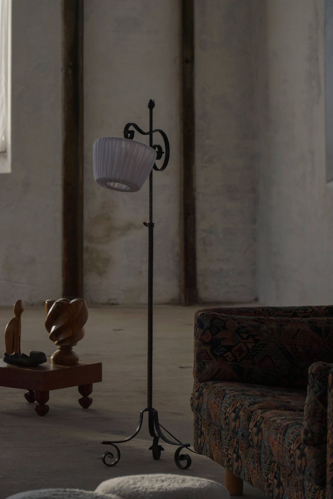 20th-century wrought iron floor lamp with swirling detail, Danish Art Deco.