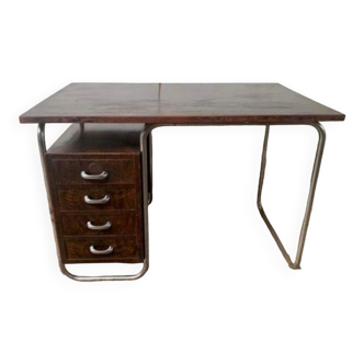 Bauhaus art deco desk 1930 tubular structure metal tray and wooden drawers