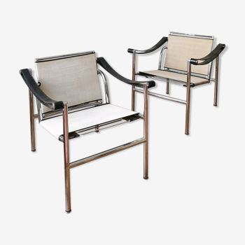 Paire de fauteuils LC1 lin/cuir, Cassina, 1980