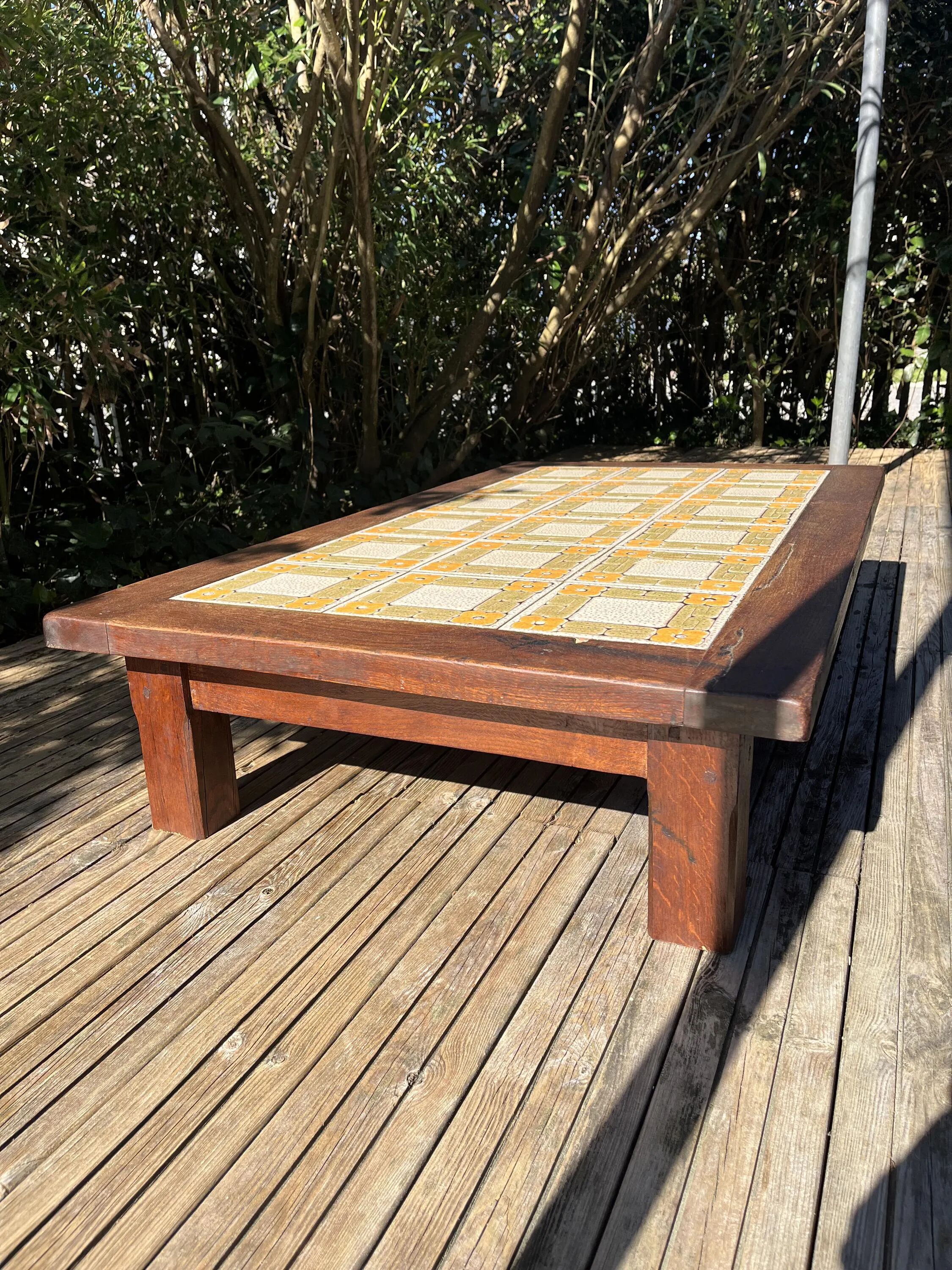 Large vintage 1960s oak and ceramic coffee table.