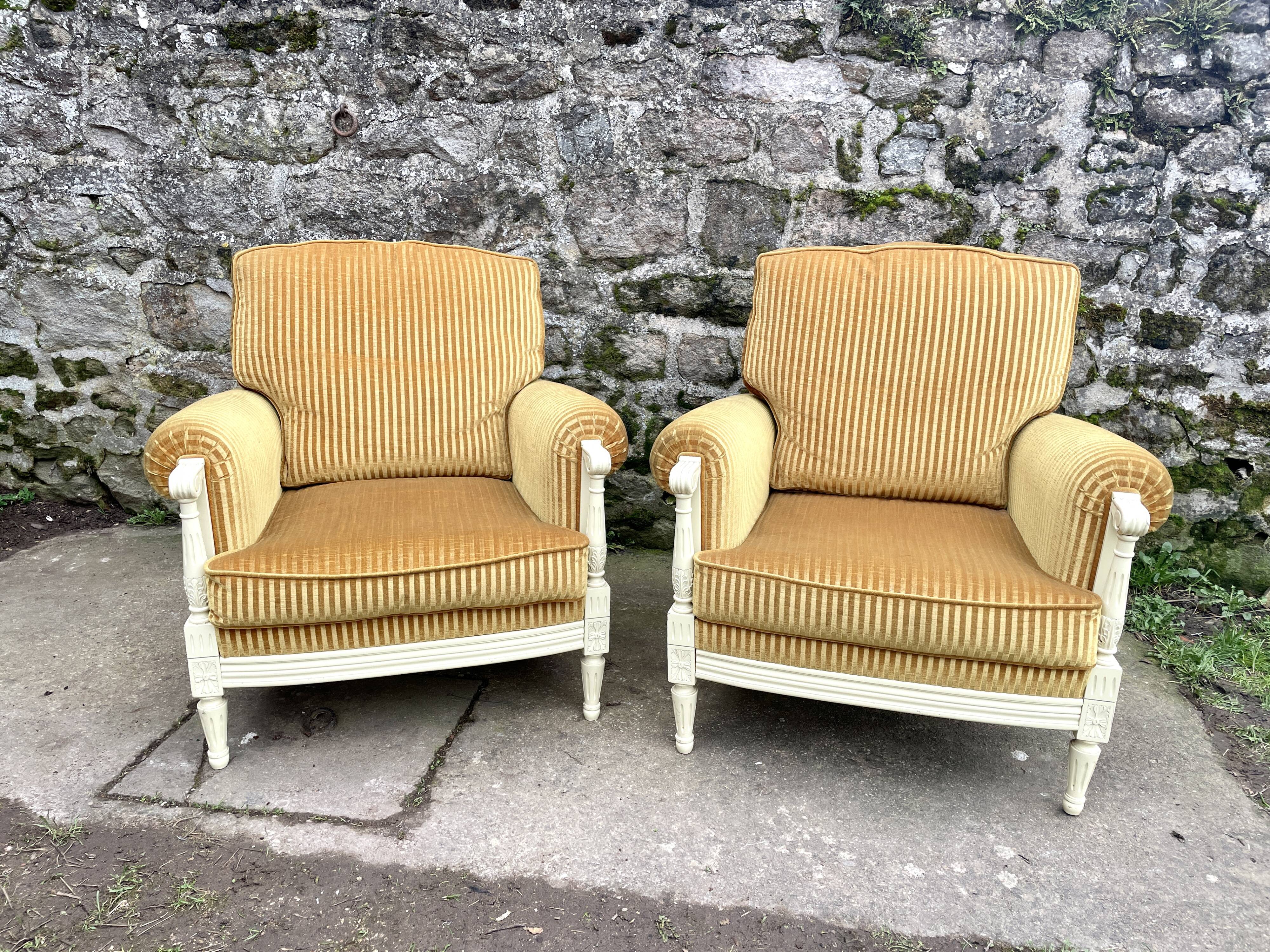 Pair of cosy armchairs by Jean Prevost in mustard velvet, 1970.