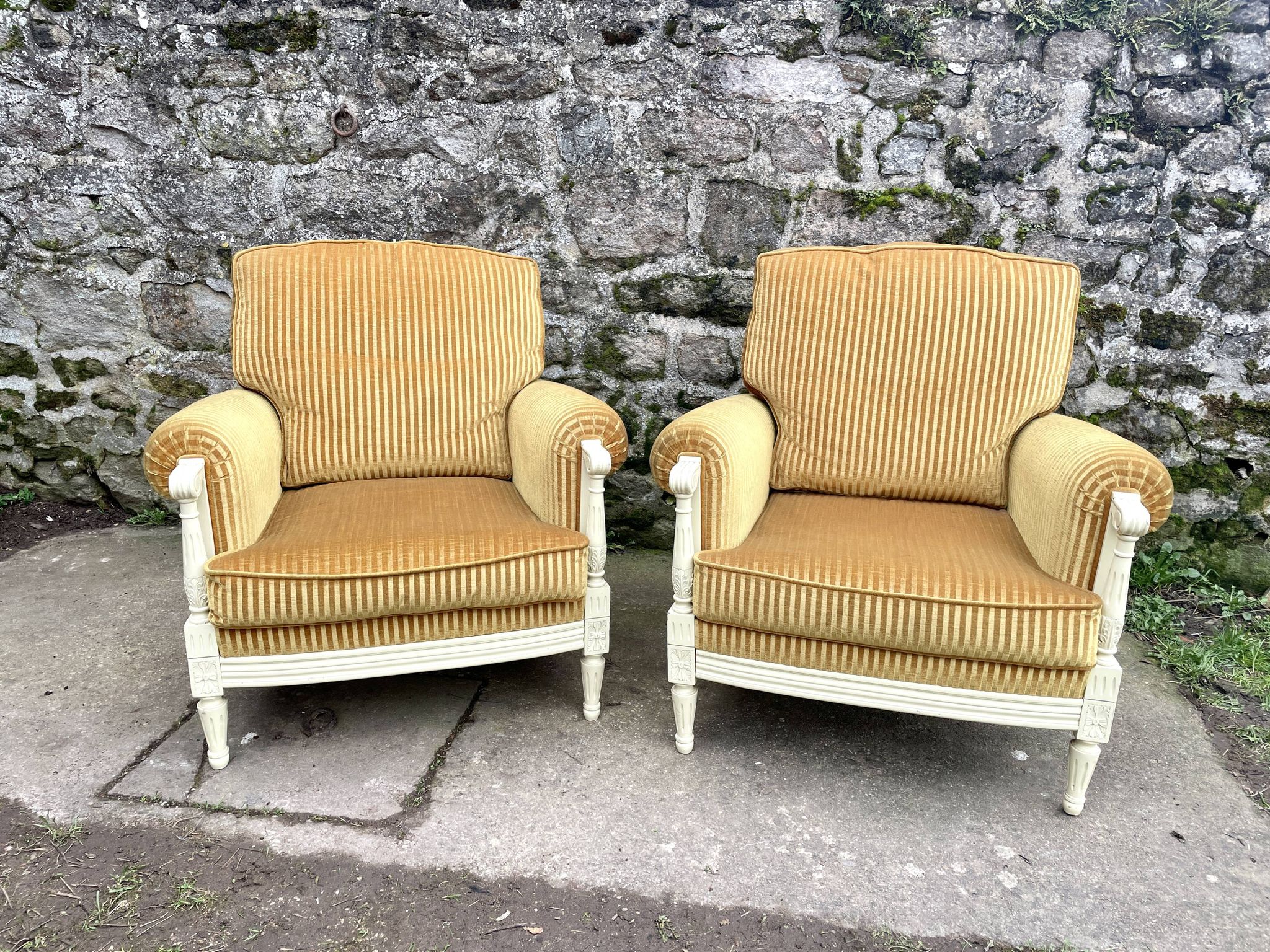 Pair of cosy armchairs by Jean Prevost in mustard velvet, 1970.