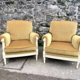 Pair of cosy armchairs by Jean Prevost in mustard velvet, 1970.