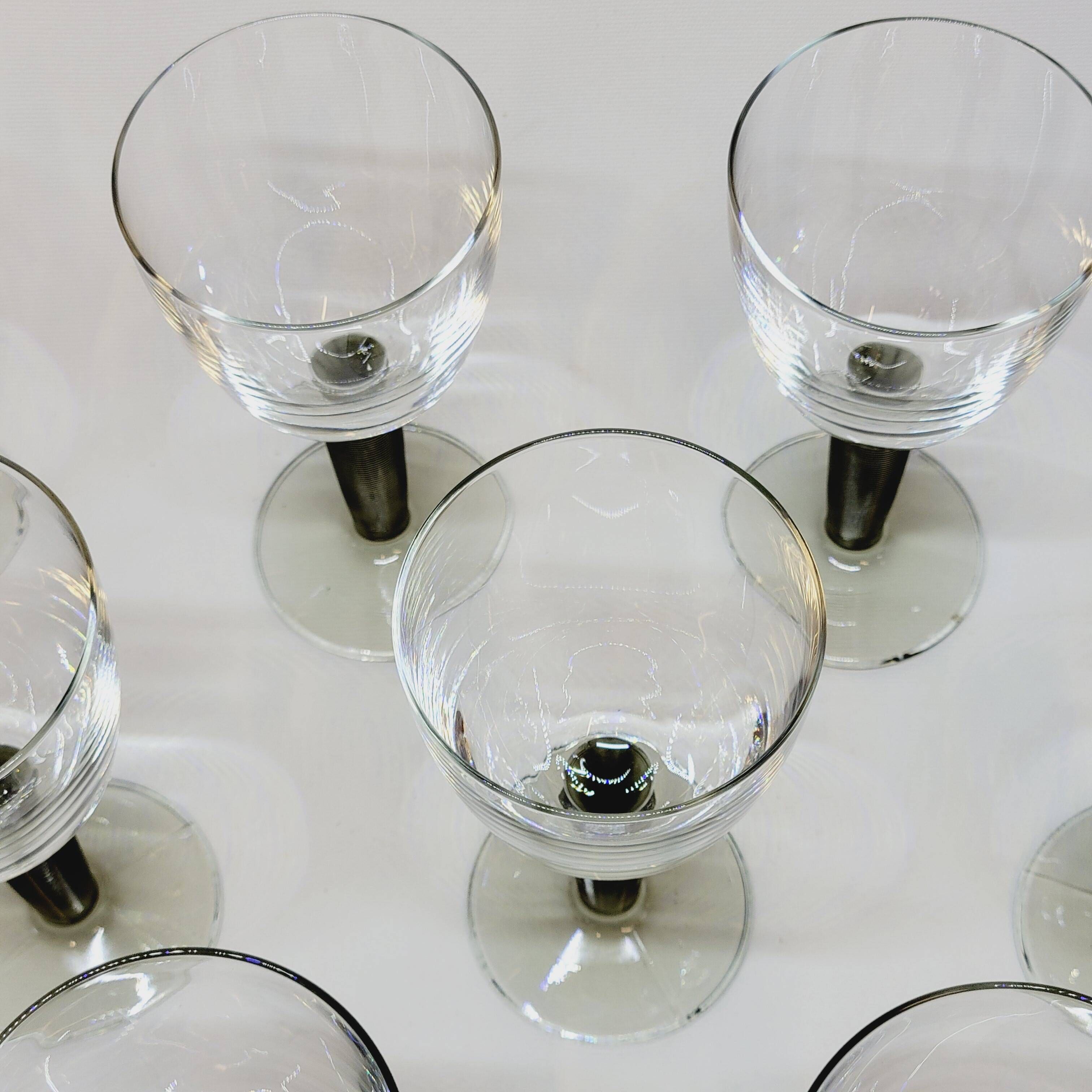 10 Bormioli Rocco Vintage Crystal Wine Glasses with Grooved Grey Stem