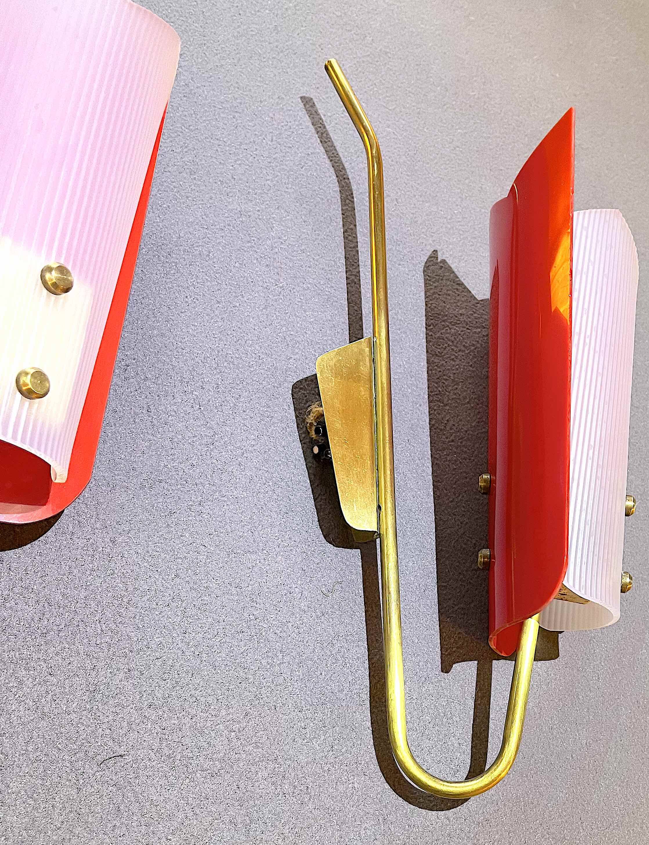 Gande Pair of Red Sconces in Brass and Pespex, Italy, Mid-Century