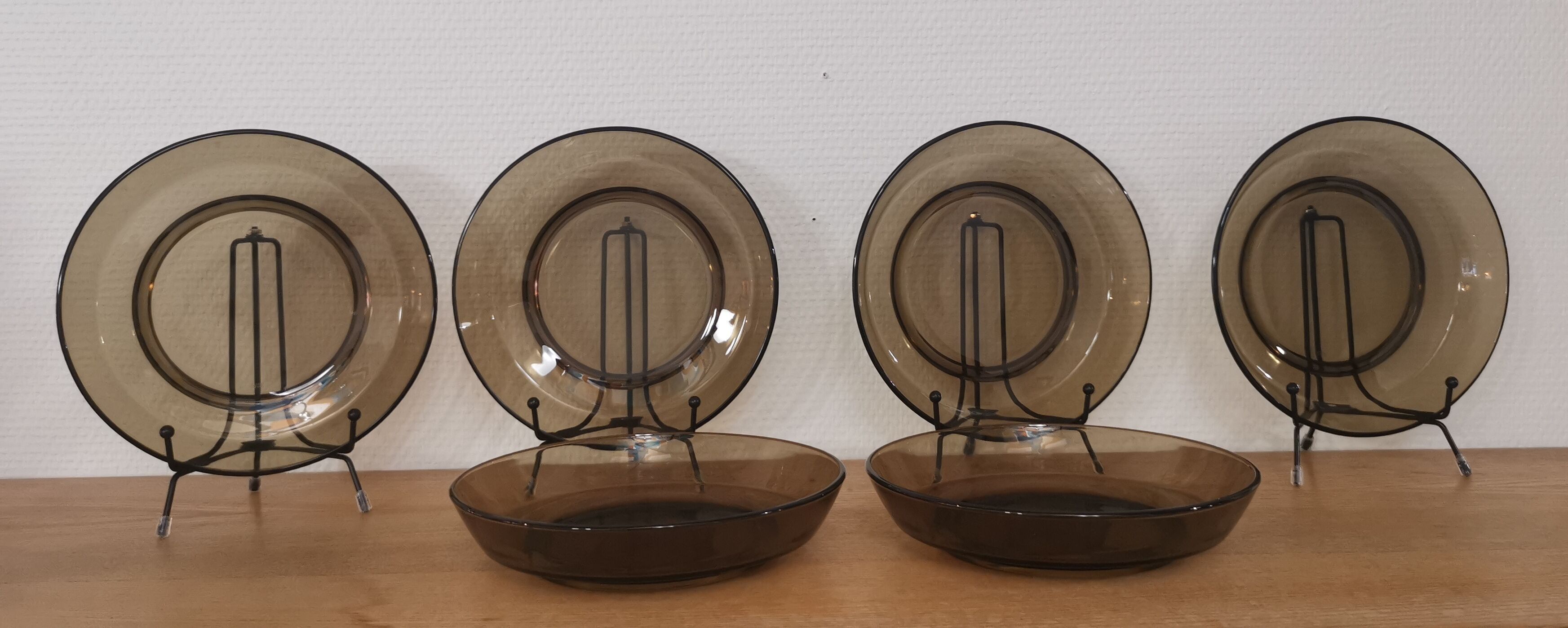 Set of 6 hollow plates in smoked brown glass Vereco 70'S Vintage