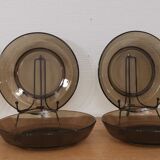 Set of 6 hollow plates in smoked brown glass Vereco 70'S Vintage