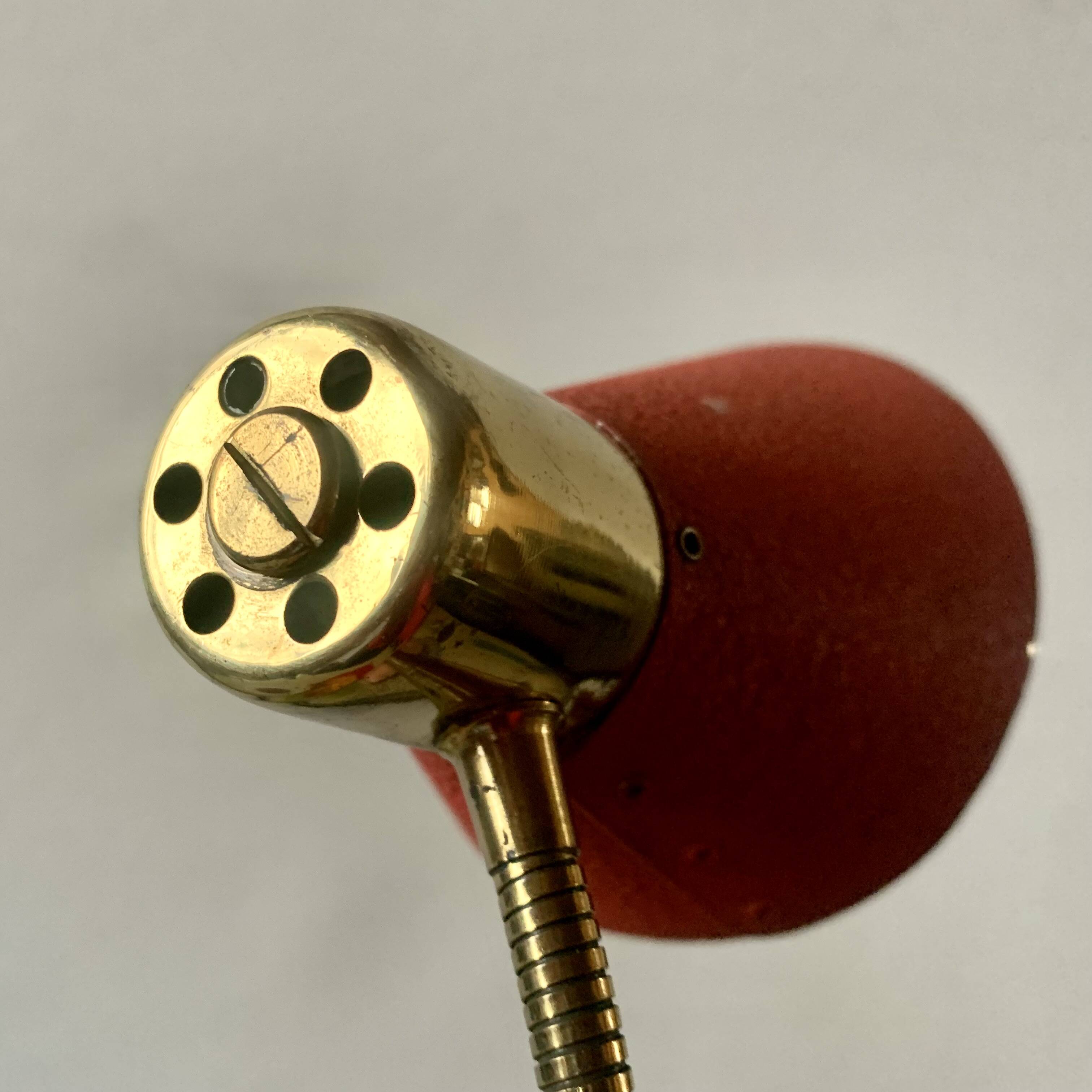 Brass and red painted metal clamp desk lamp - 1950s