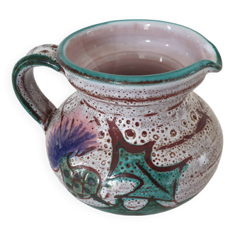 Enameled ceramic pitcher with floral thistle decoration Vallauris (Etienne Daniel)