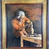 Large oil painting signed robert aymard - the potter at his wheel 78 x 67