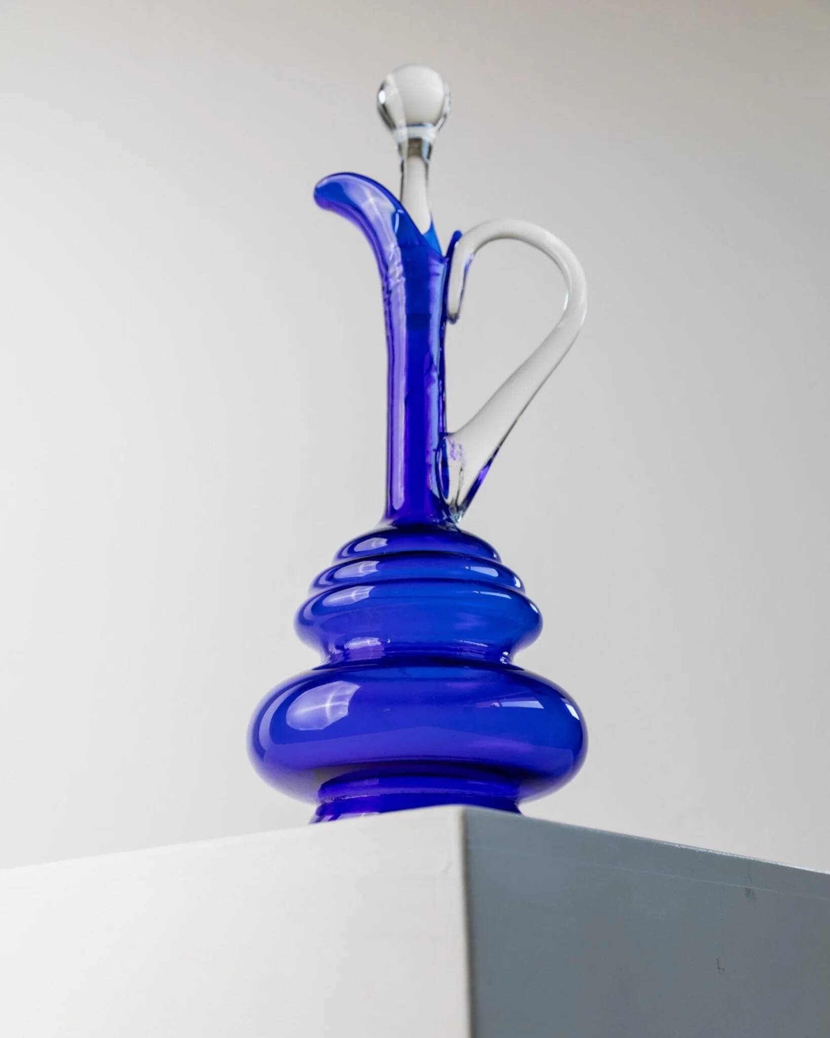 Murano cobalt blue glass carafe with clear handle and stopper - 1960s Italy, vintage mid-century design