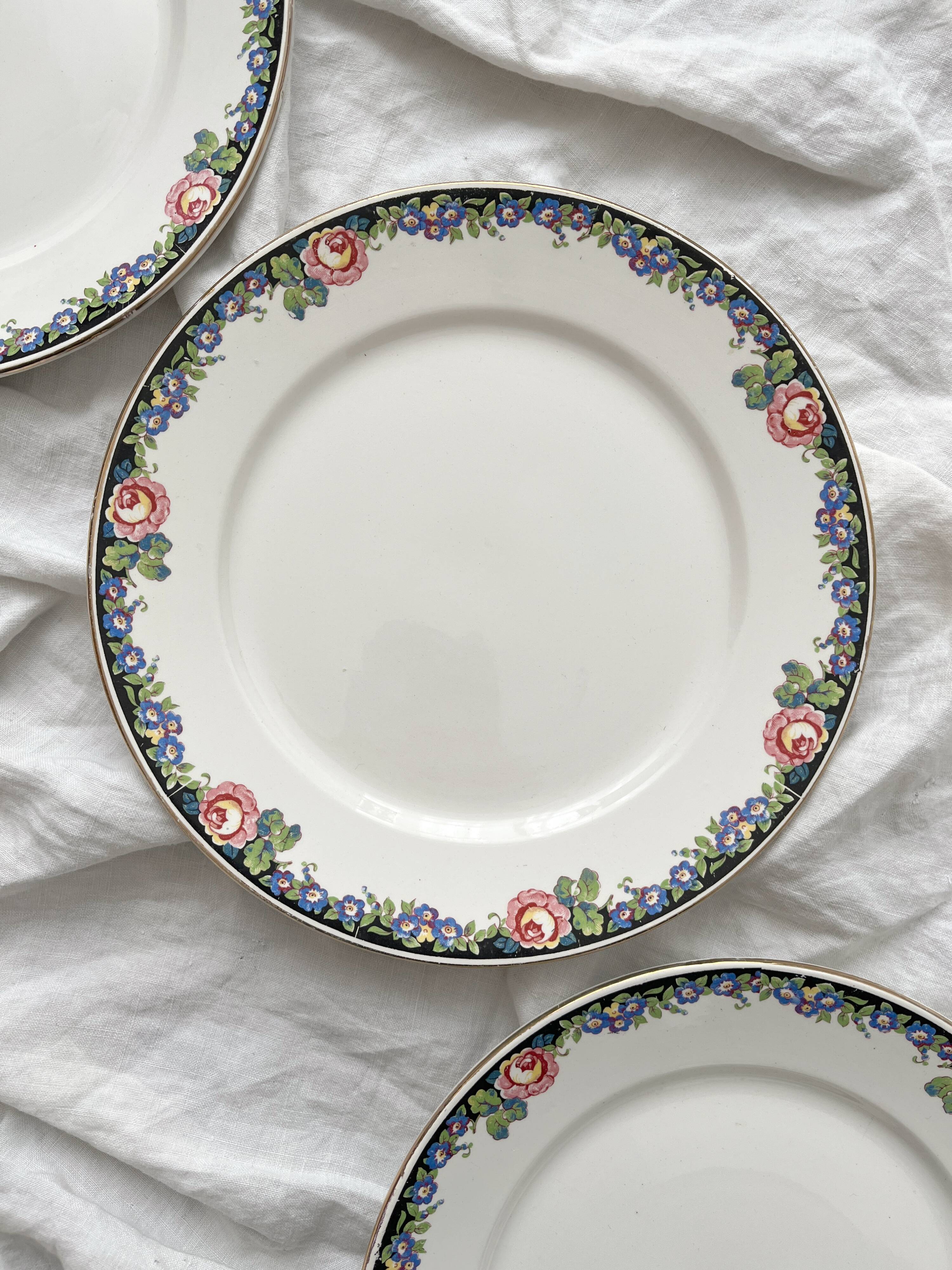 3 vintage black floral frieze dessert plates from Digoin and Sarreguemines