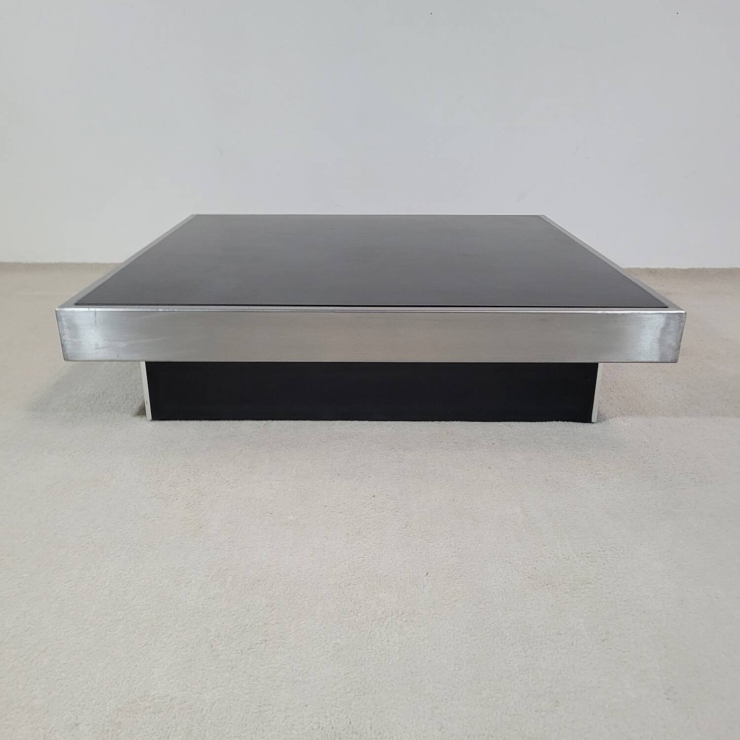 Large vintage black and stainless steel coffee table from the 1970s