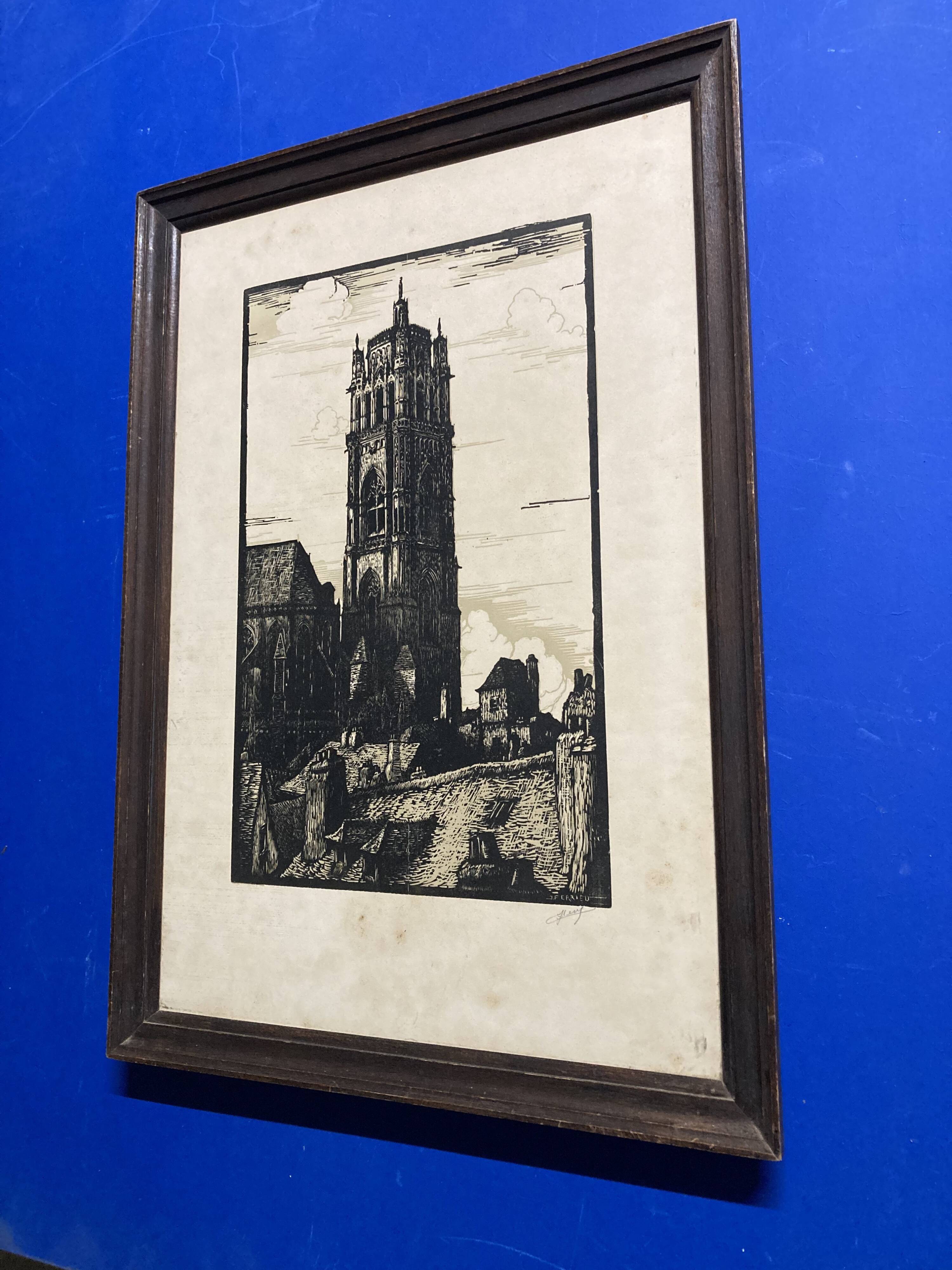 Old illustration of the Cathedral of Rodez, framed.
