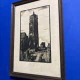 Old illustration of the Cathedral of Rodez, framed.