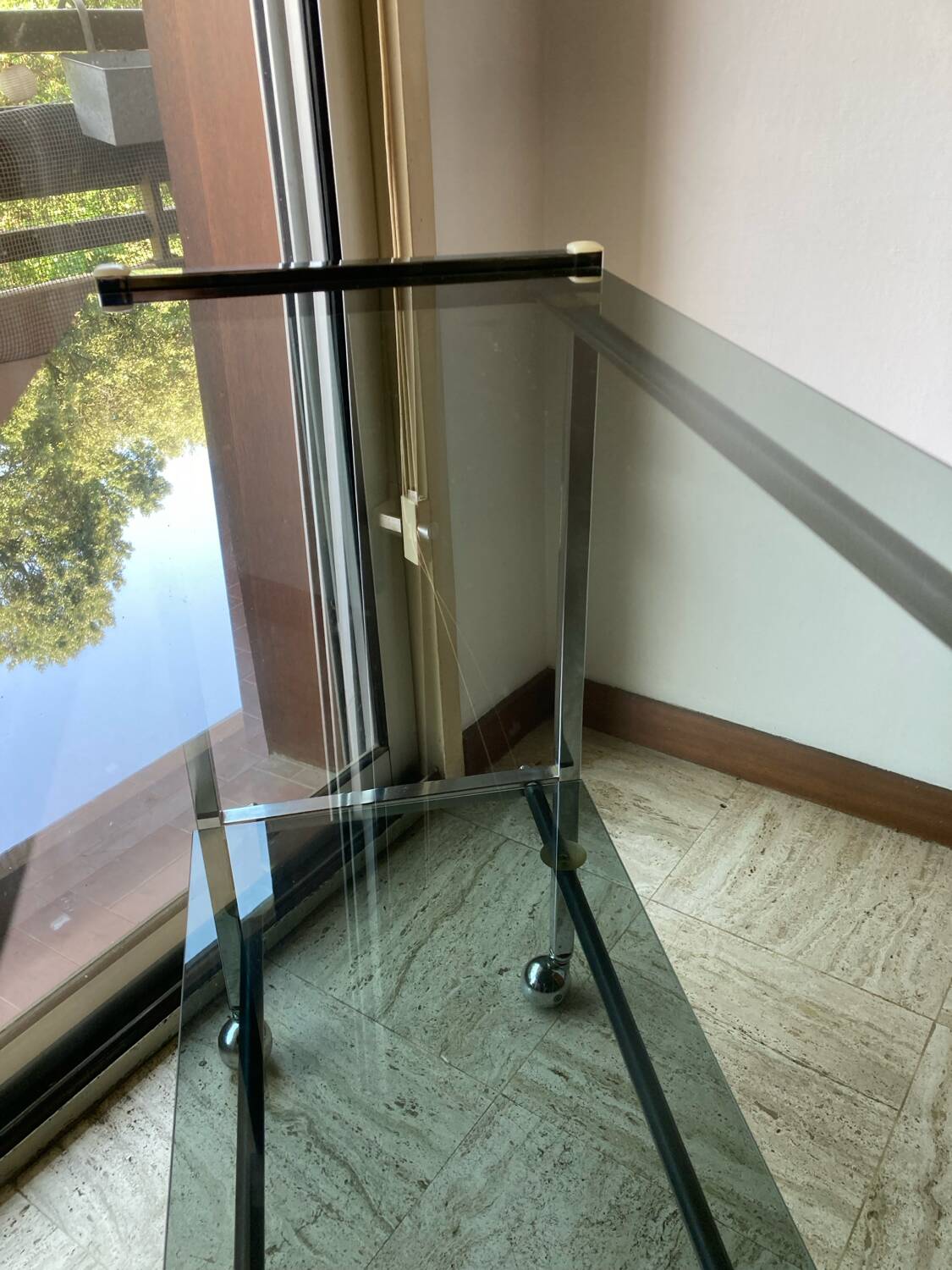 Vintage chrome dessert table, 2 smoked glass trays.