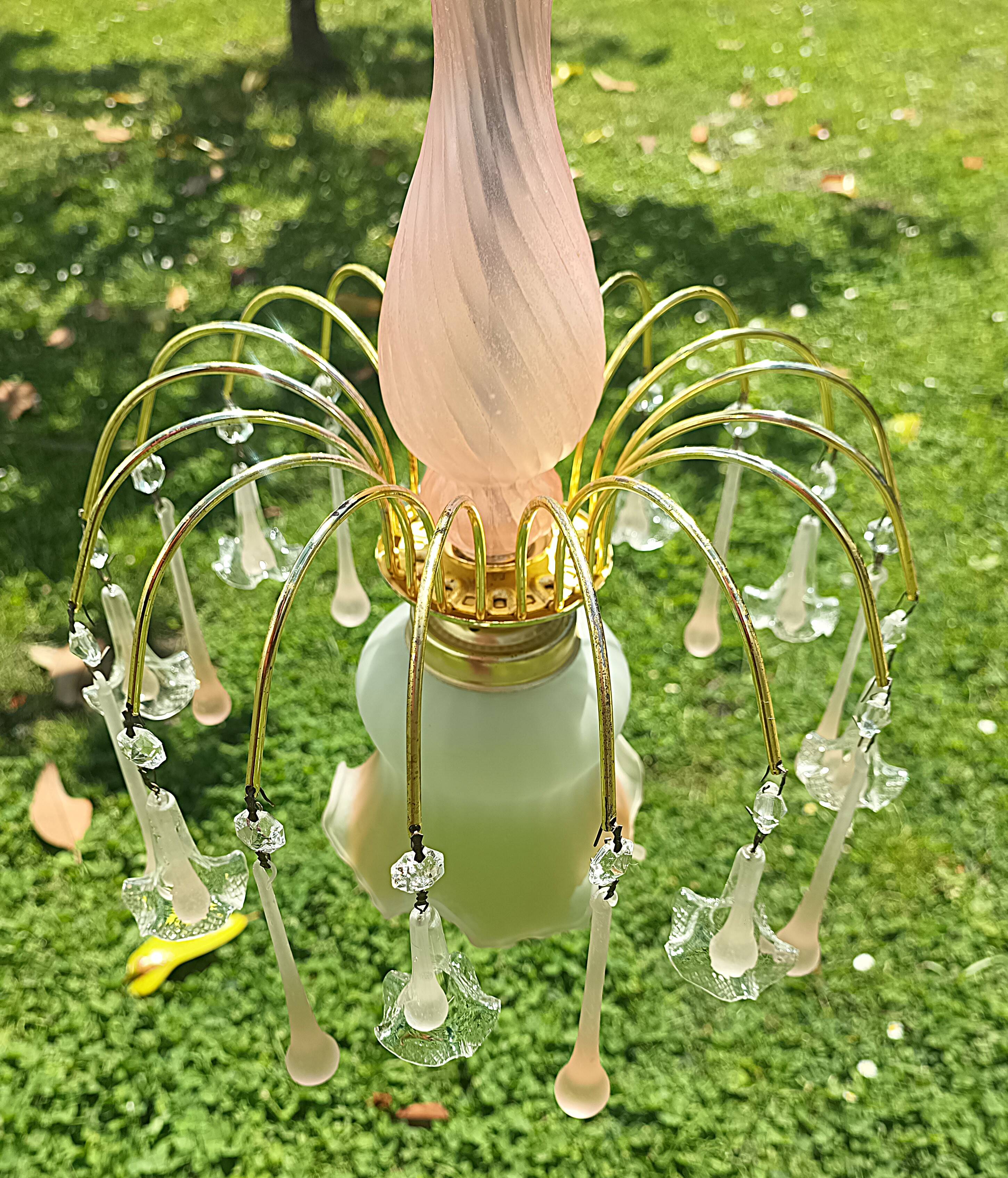 Vintage pink glass drop and flower chandelier pendant light.