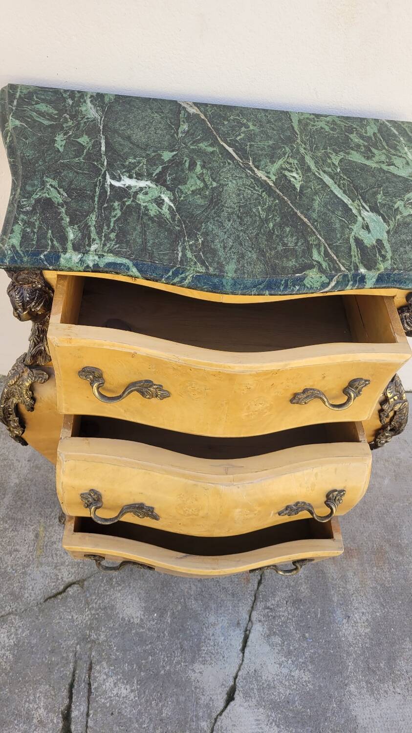 Curved Louis XV style chest of drawers in elm burl and bronze marquetry
