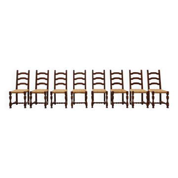 Set of 8 Brutalist Mid-Century Chairs in Wood and Wicker, Belgium ca. 1970