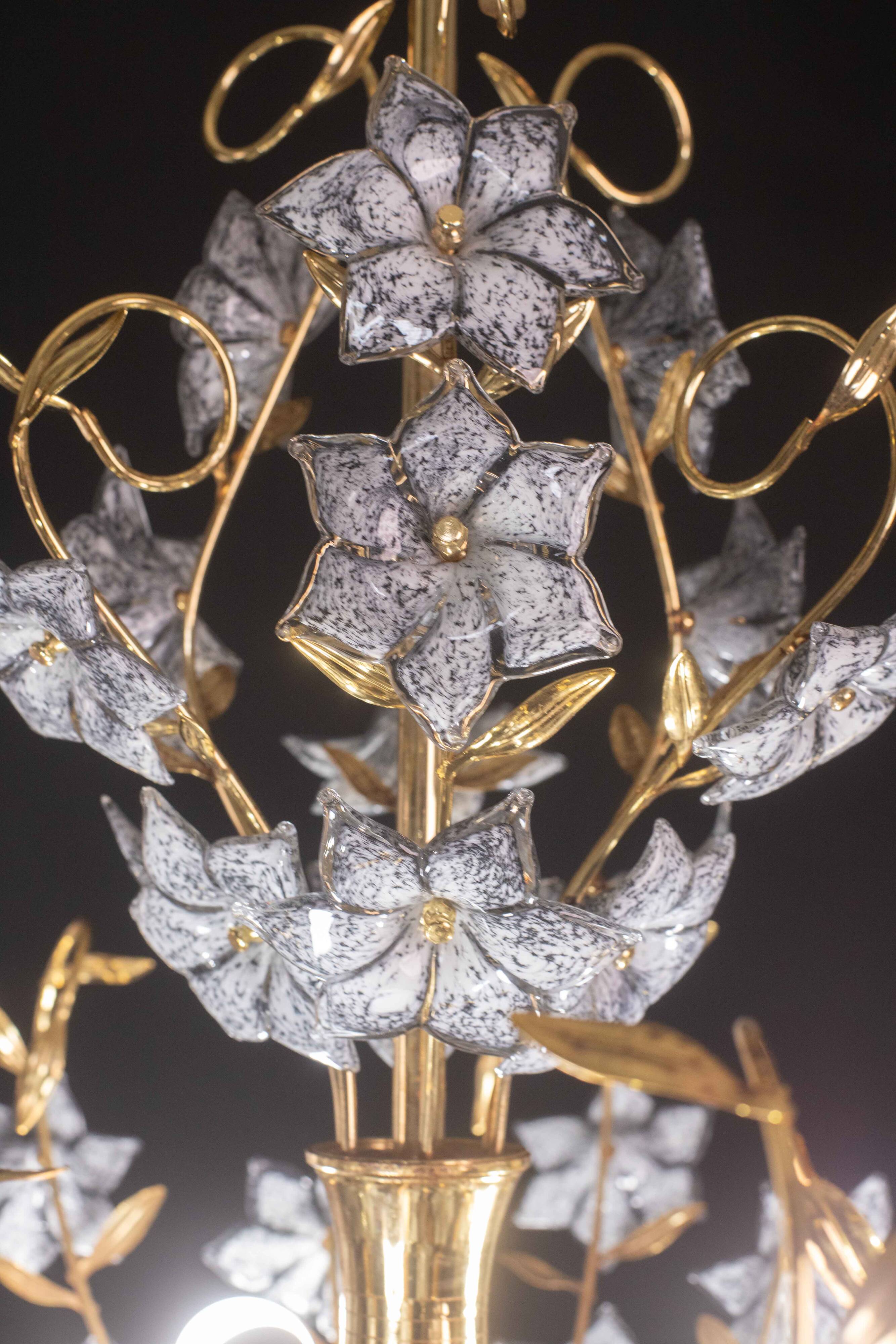 Fantastic Rare Murano Chandelier Full of Black Flowers, 1970s