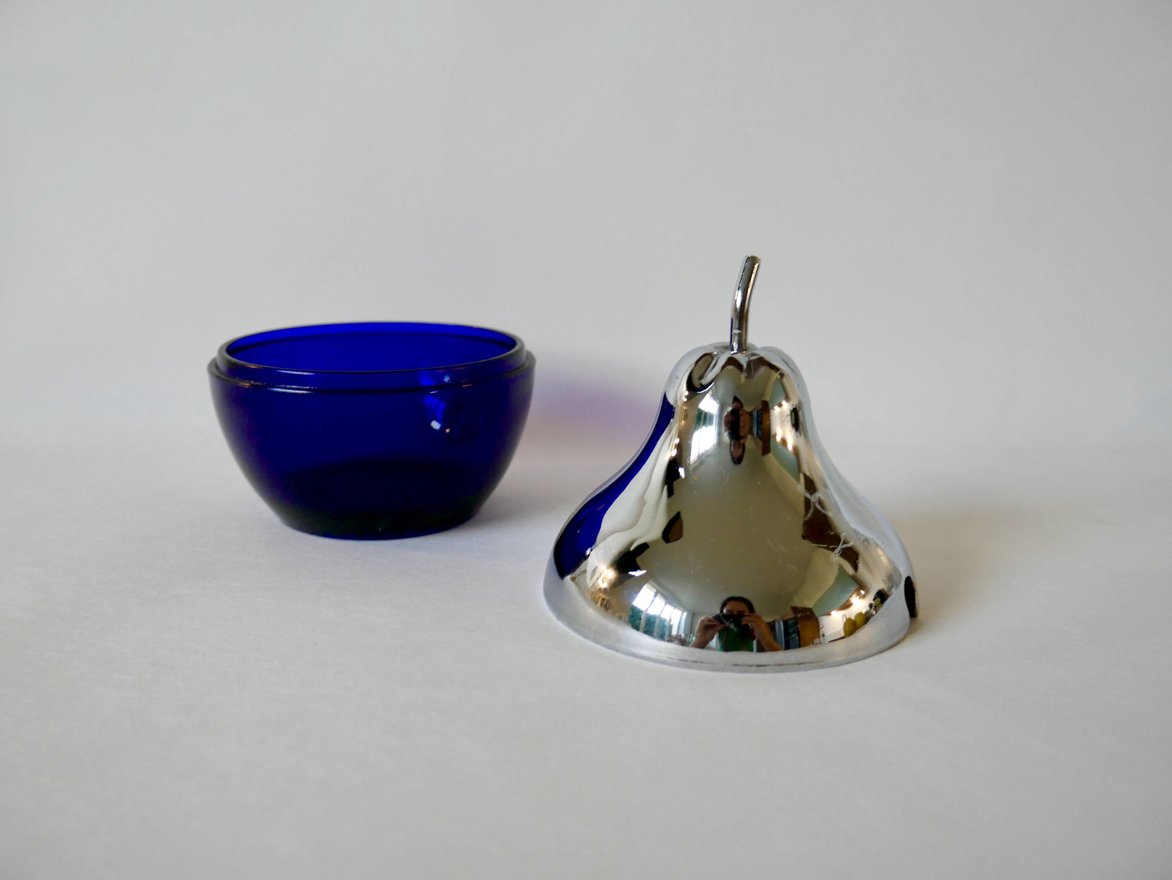 Pear butter dish in silver metal and blue glass from the 70s