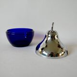 Pear butter dish in silver metal and blue glass from the 70s