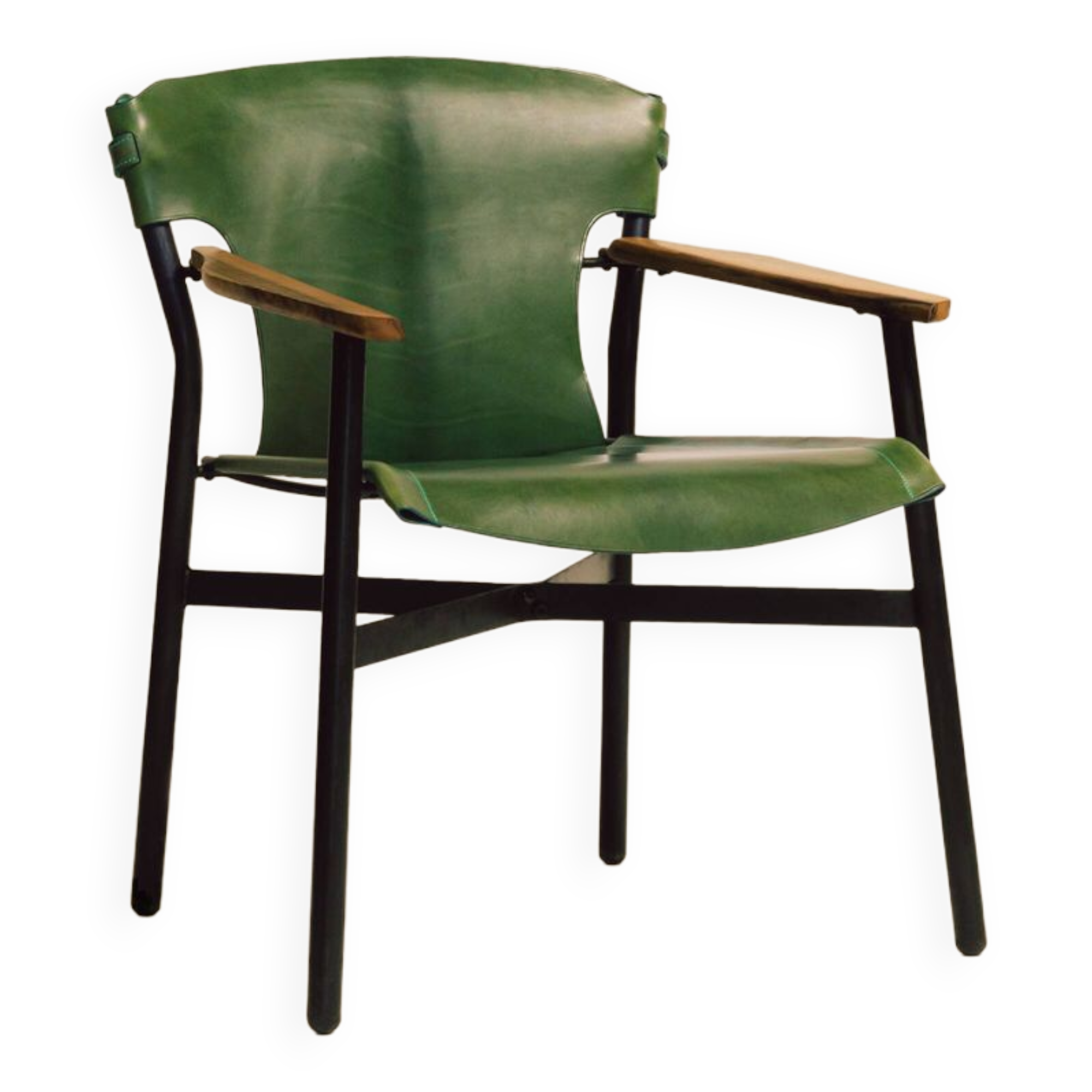 Maërl armchair, Galathée model, green leather, solid wood armrests of your choice