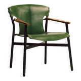 Maërl armchair, Galathée model, green leather, solid wood armrests of your choice