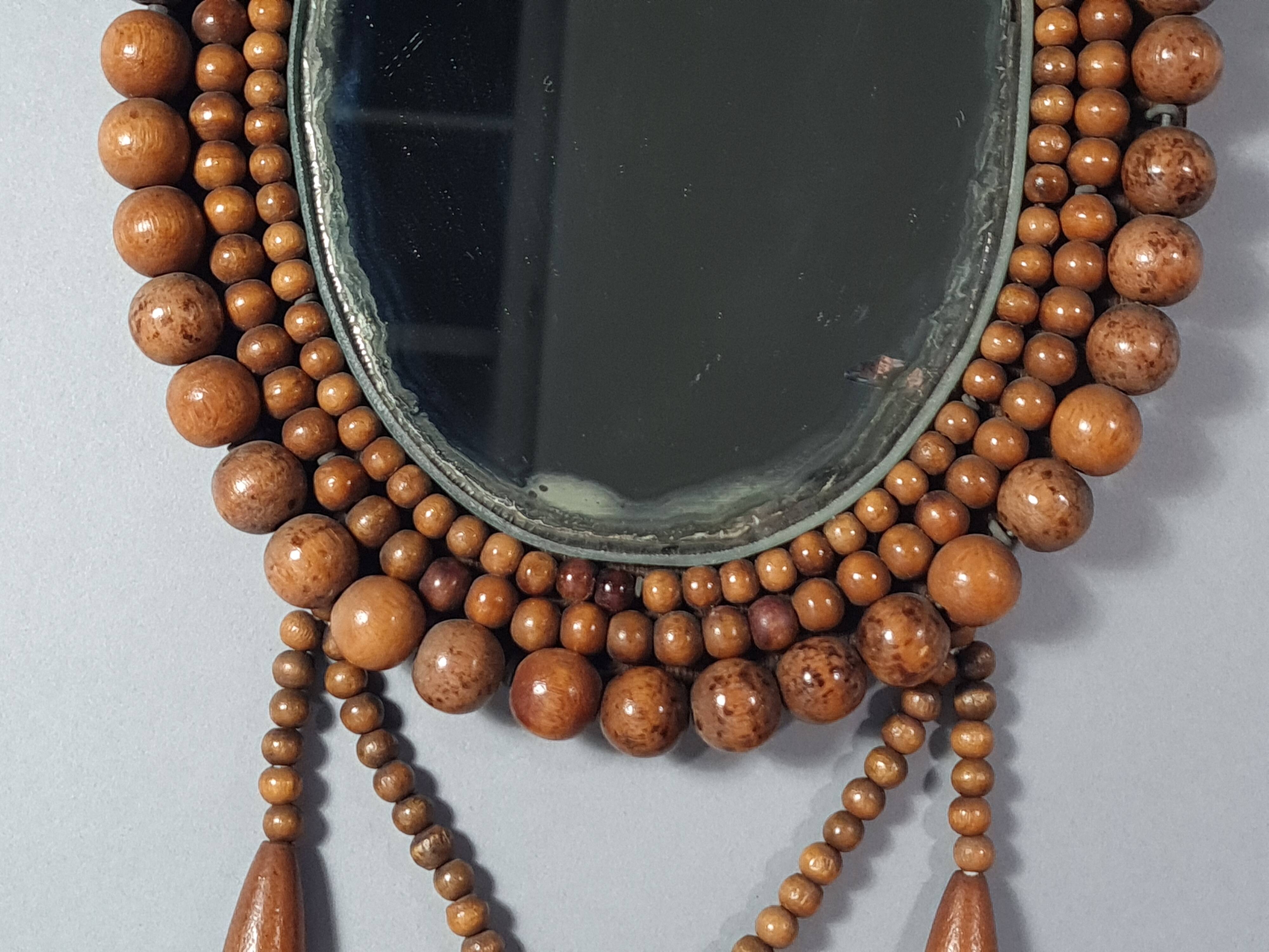 Oval mirror wooden beads, vintage 60/70s to hang 60x22 cm C226